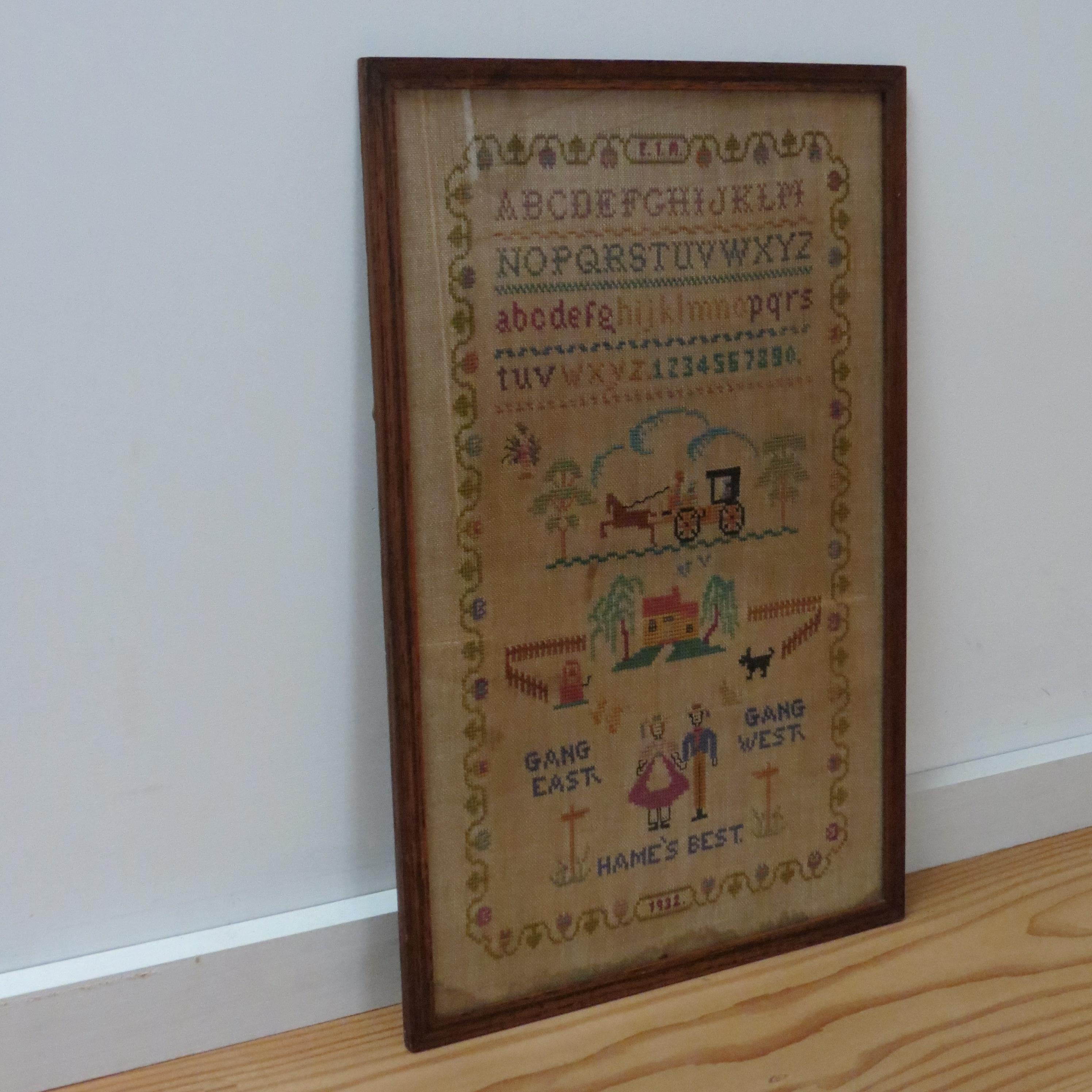 Antique Scottish sampler Gang East Gang West Hame's Best 3