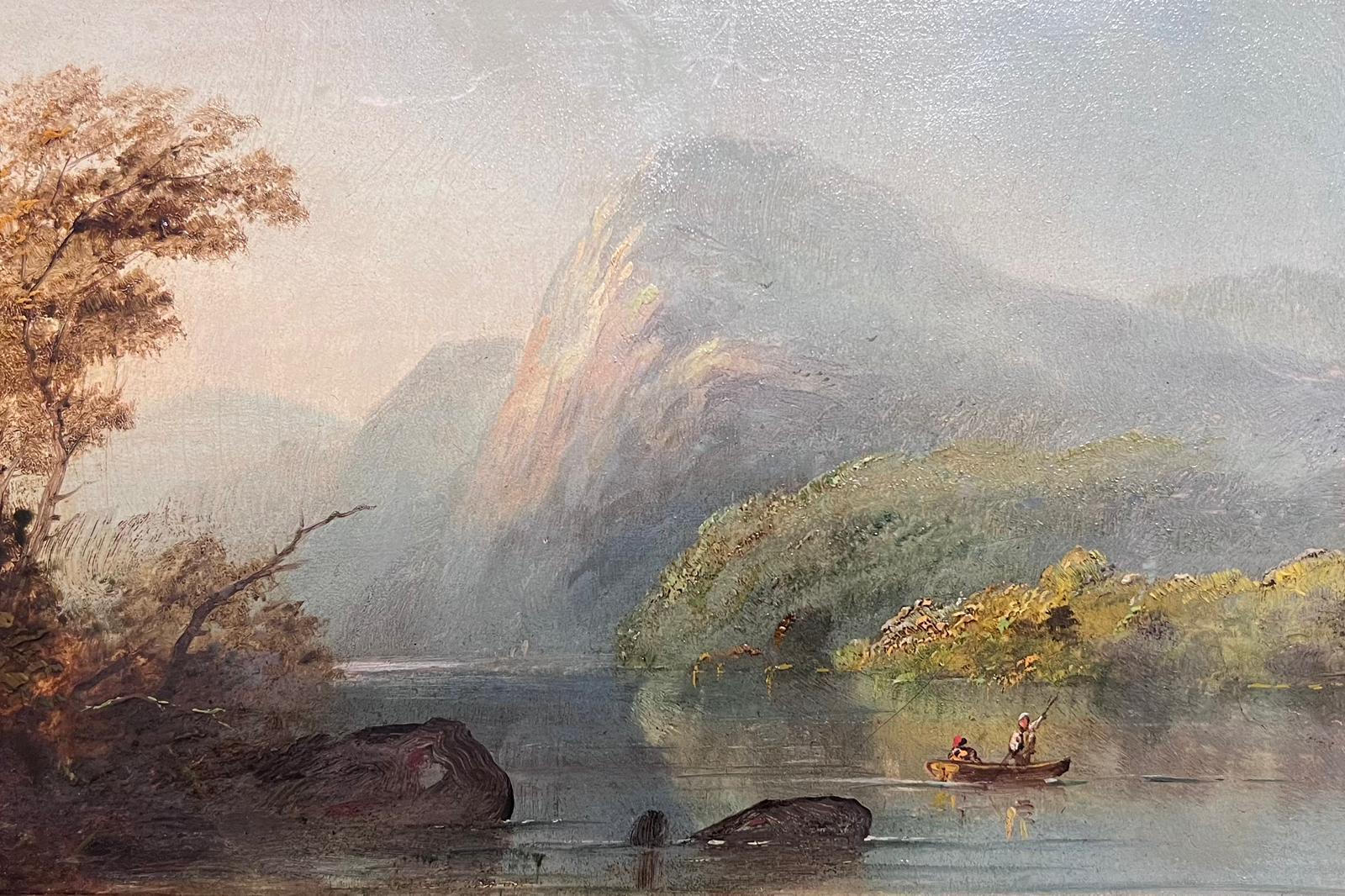 Peinture à l'huile écossaise du 19e siècle représentant des rameurs dans une scène de Loch atmosphérique - Painting de Antique Scottish School