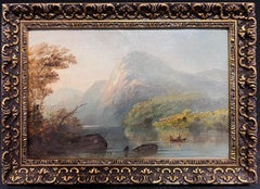 Peinture à l'huile écossaise du 19e siècle représentant des rameurs dans une scène de Loch atmosphérique