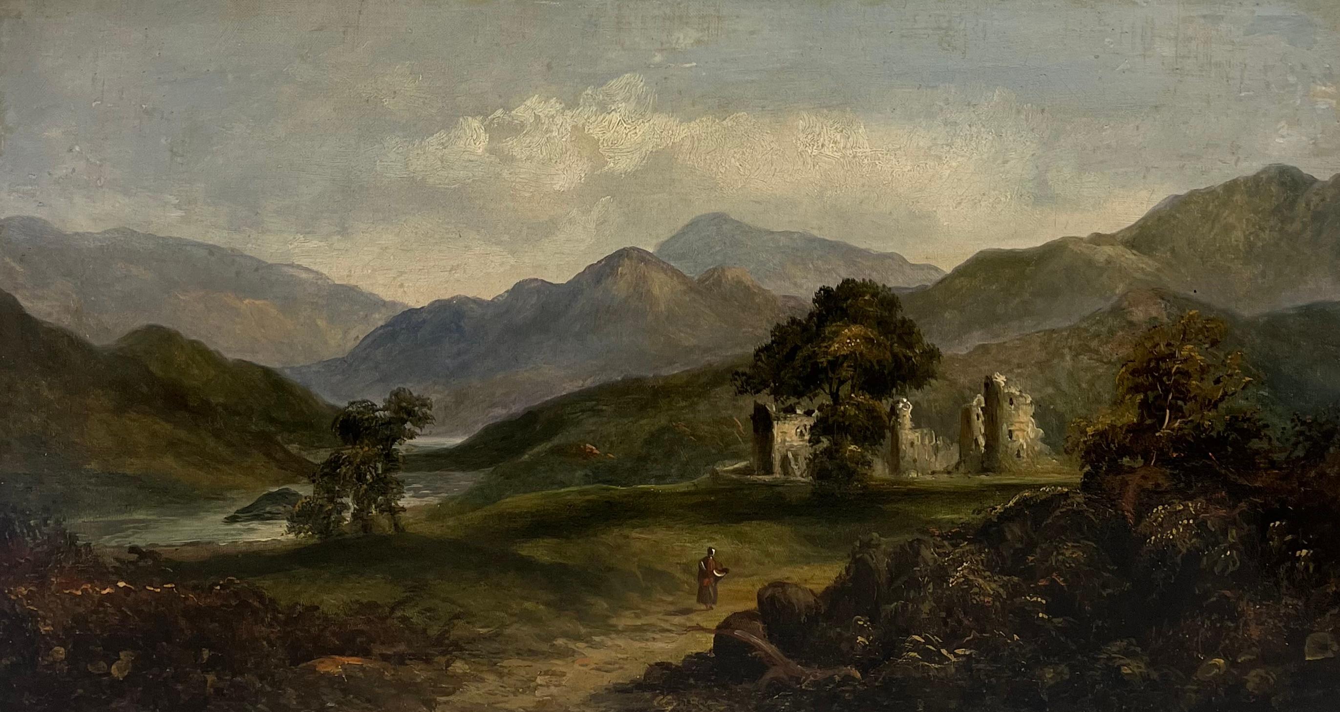 Ancient Castle Ruins in Scottish Highlands Landscape 19th Century Oil Painting