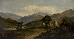 Ancient Castle Ruins in Scottish Highlands Landscape 19th Century Oil Painting