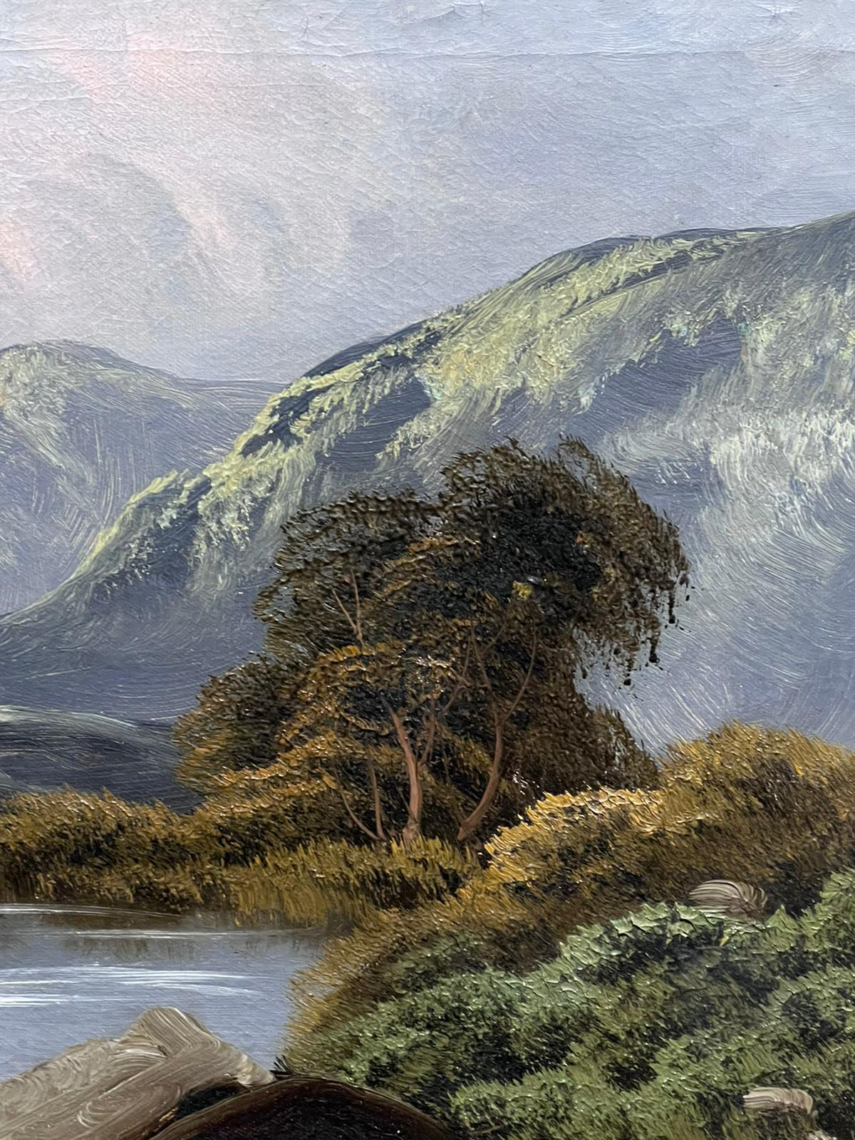 Pintura al óleo escocesa antigua Paisaje de las Highlands Cascada Pintura al óleo firmada 1
