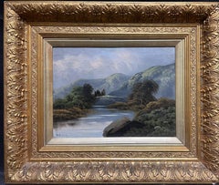 Pintura al óleo escocesa antigua Paisaje de las Highlands Cascada Pintura al óleo firmada