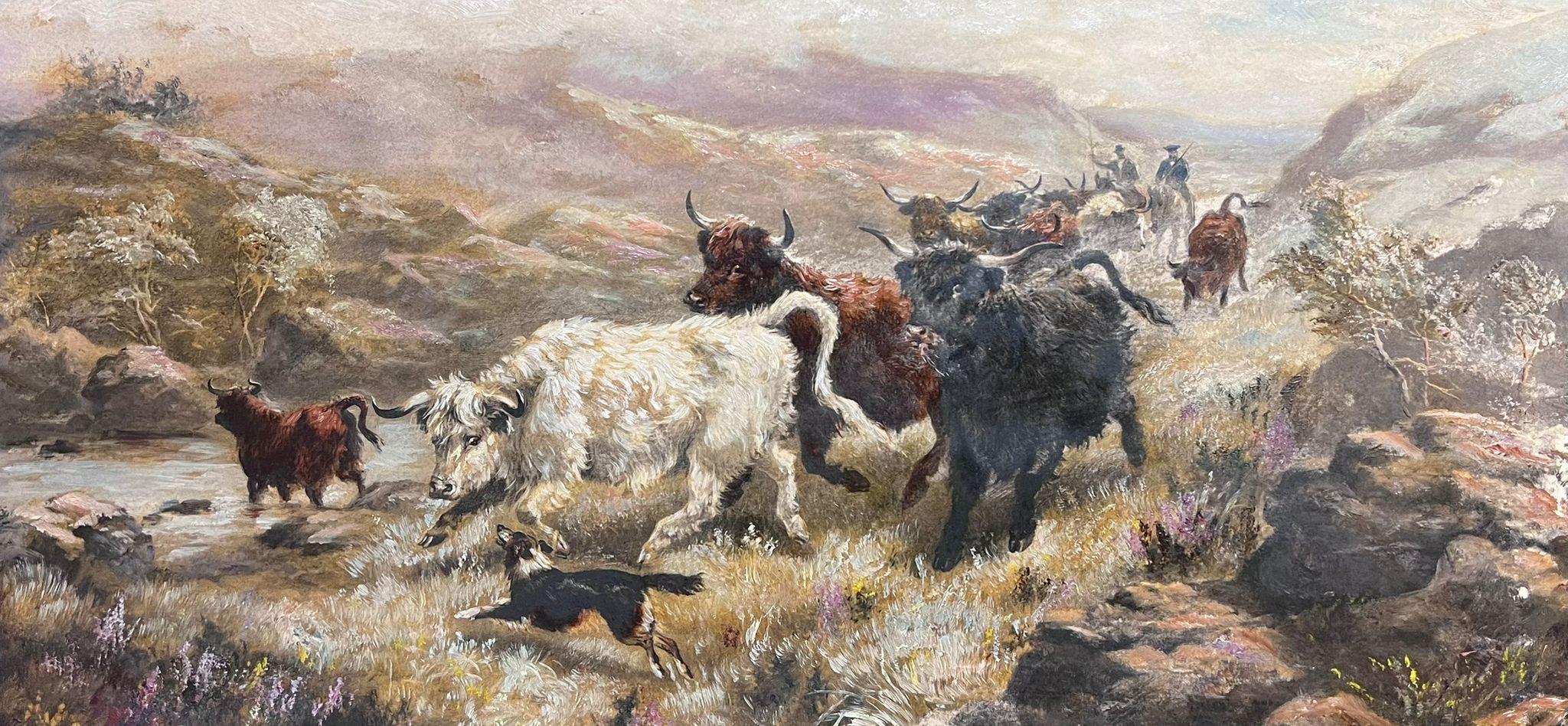 Highland Cattle in Scottish Highland Landscape Victorian British Oil Painting - Gray Animal Painting by Antique Scottish School