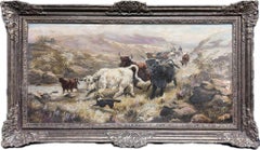 Highland Cattle in Scottish Highland Landscape Victorian British Oil Painting