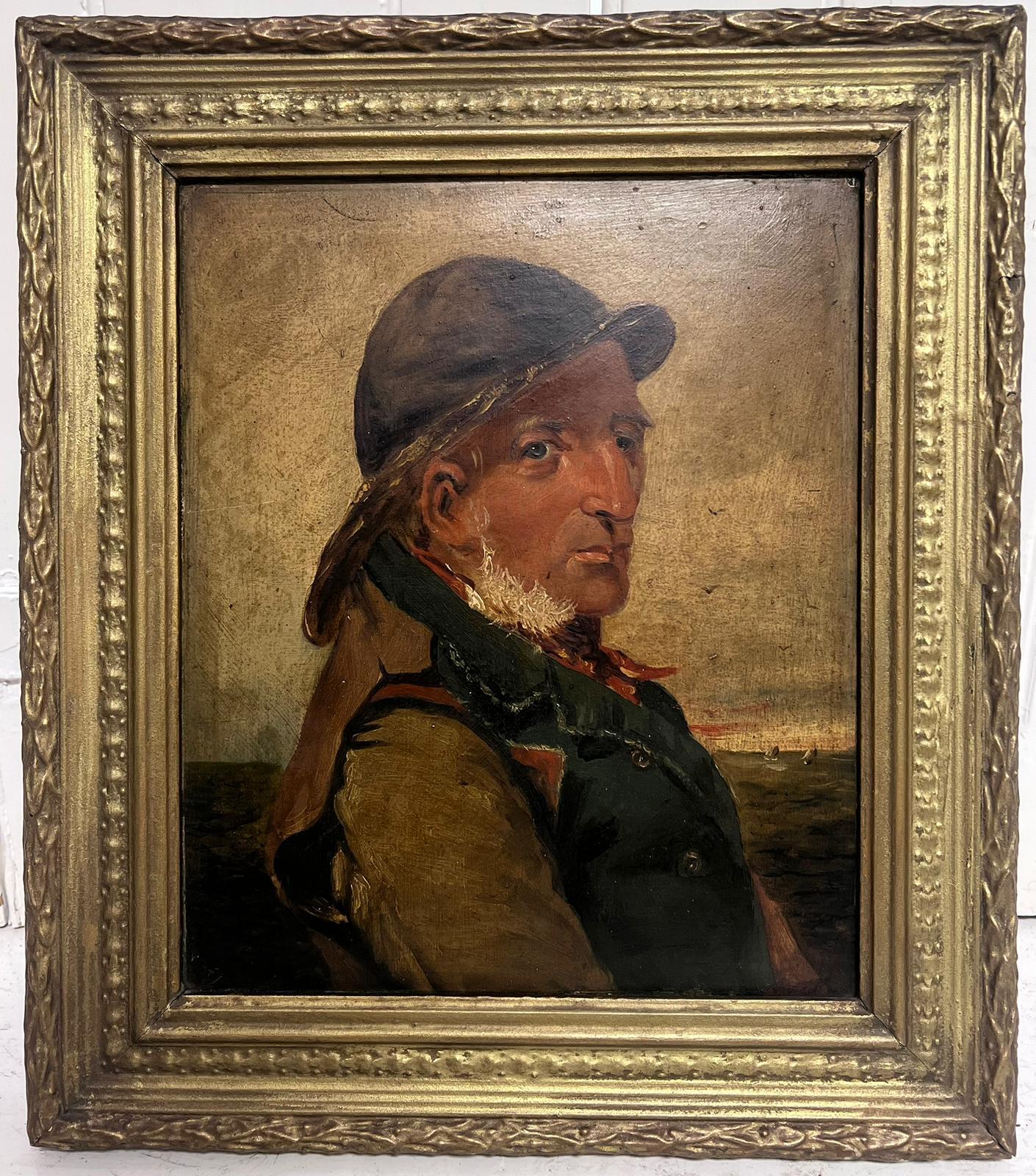 Antique Scottish School Figurative Painting - Portrait of a Fisherman in Sou'Wester Scottish Oil Painting 19th Century