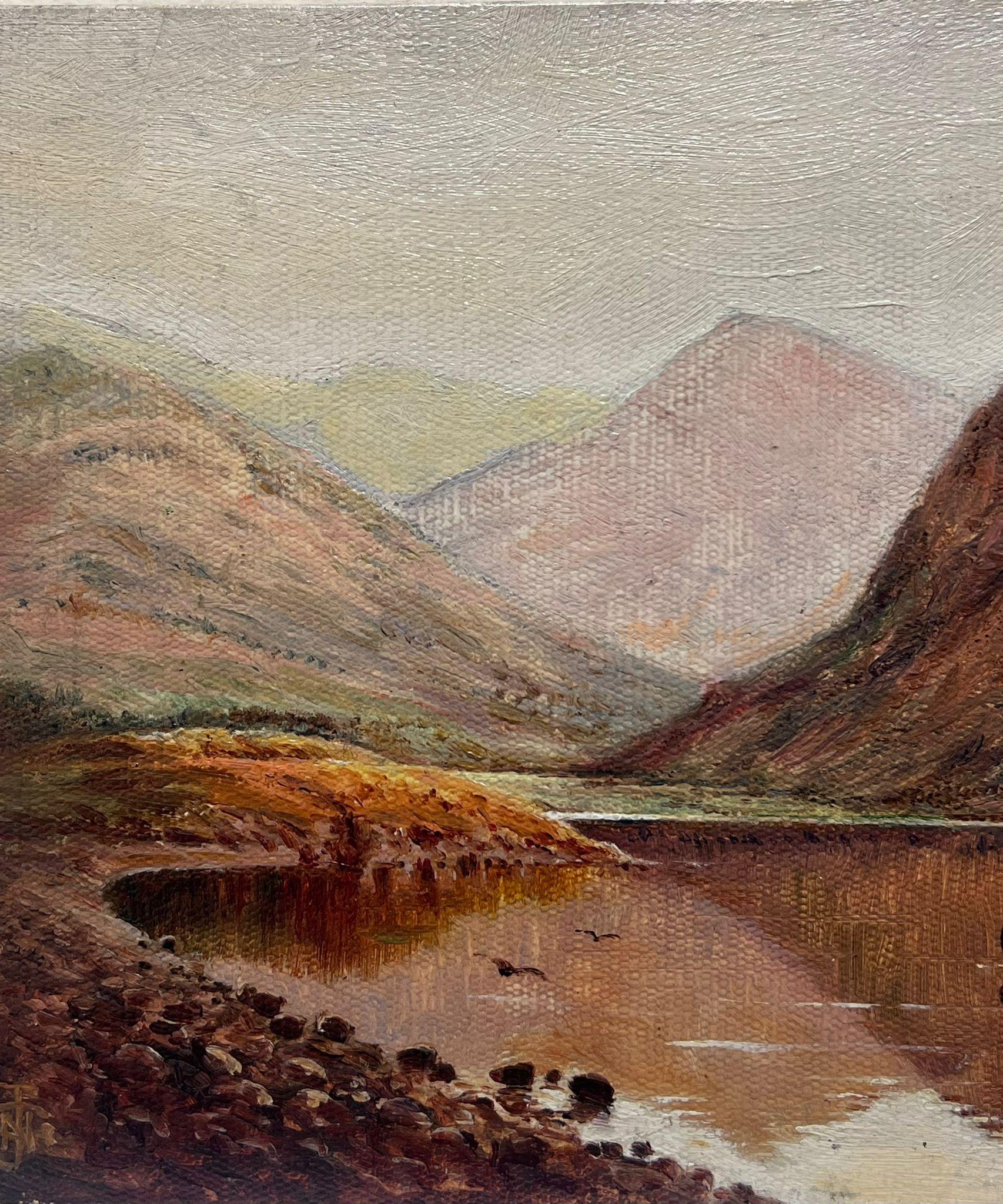 Scottish Highlands Loch Scene Angler in Boat Vintage British Oil Painting For Sale 1