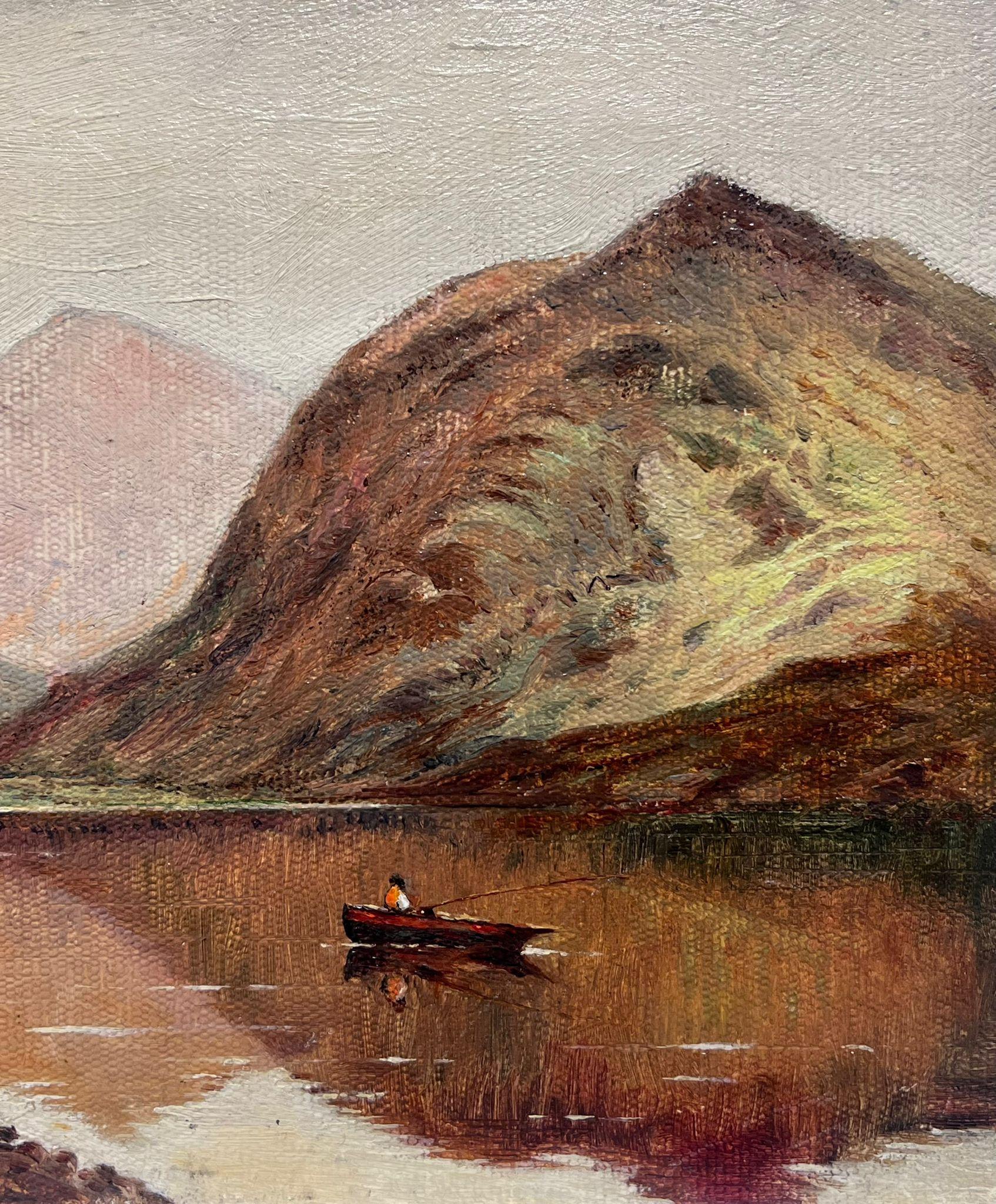 Scottish Highlands Loch Scene Angler in Boat Vintage British Oil Painting For Sale 1