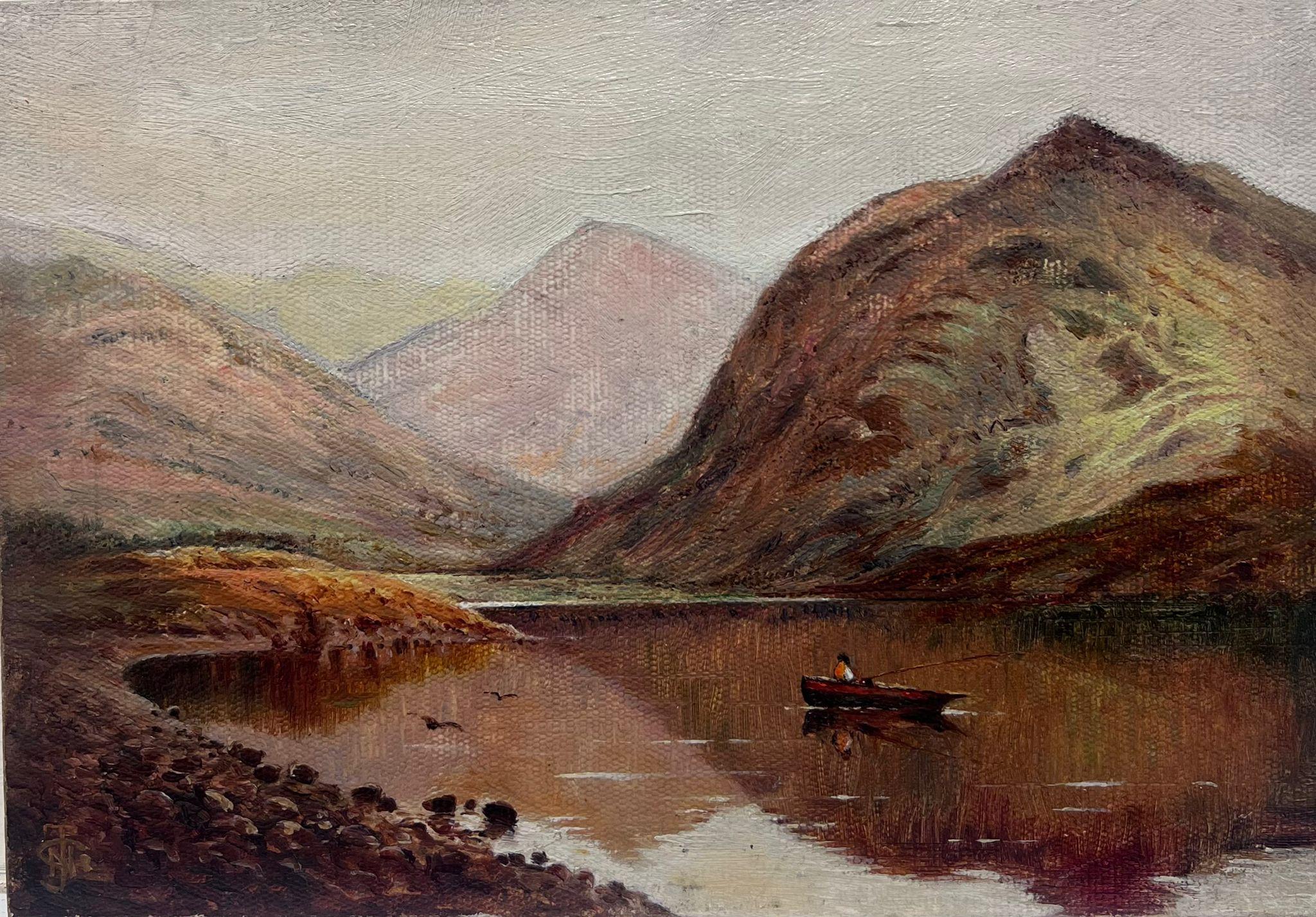 Scottish Highlands Loch Scene Angler in Boat Vintage British Oil Painting For Sale 3
