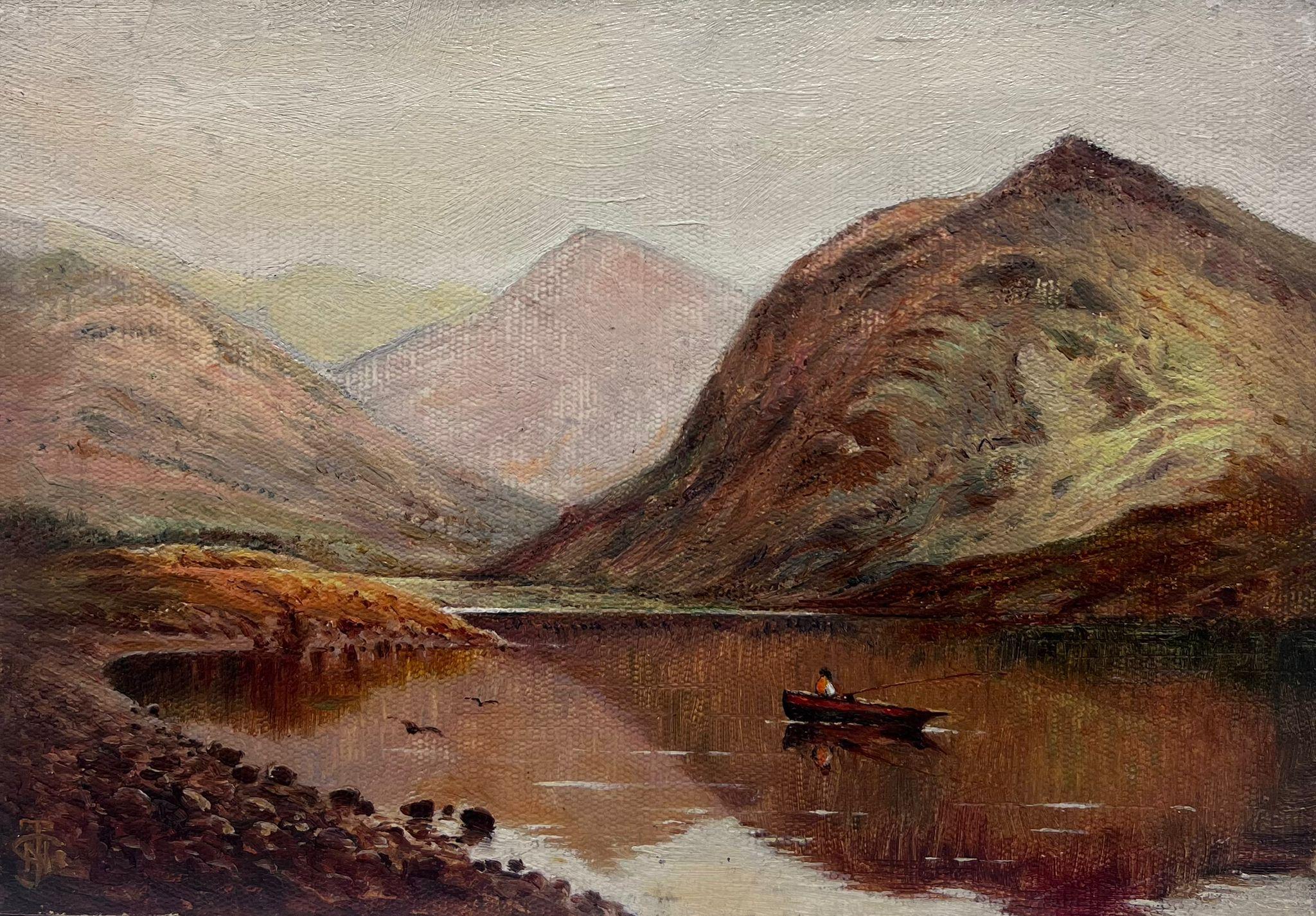 Antique Scottish School Landscape Painting - Scottish Highlands Loch Scene Angler in Boat Vintage British Oil Painting