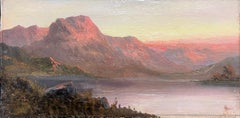 Sunset over Scottish Highland Loch Mountains Signed Antique Oil Painting