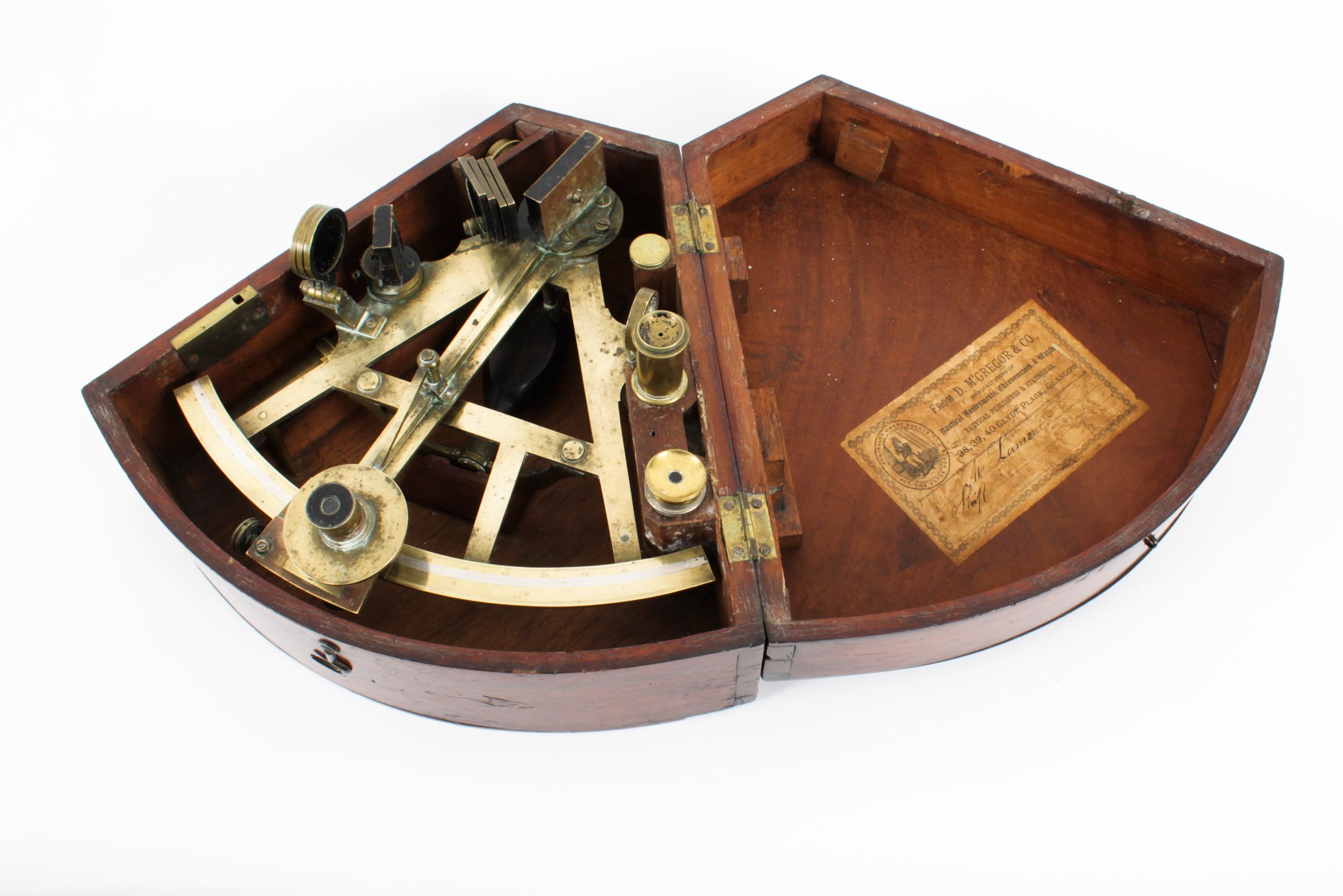 A rare mahogany cased single framed sextant by D McGregor & Co of Clyde Place, Glasgow, dating from the late 19th Century.
 
This example is comprised of one frame connected by numerous pillars with index arm containing a Vernier and clamp release