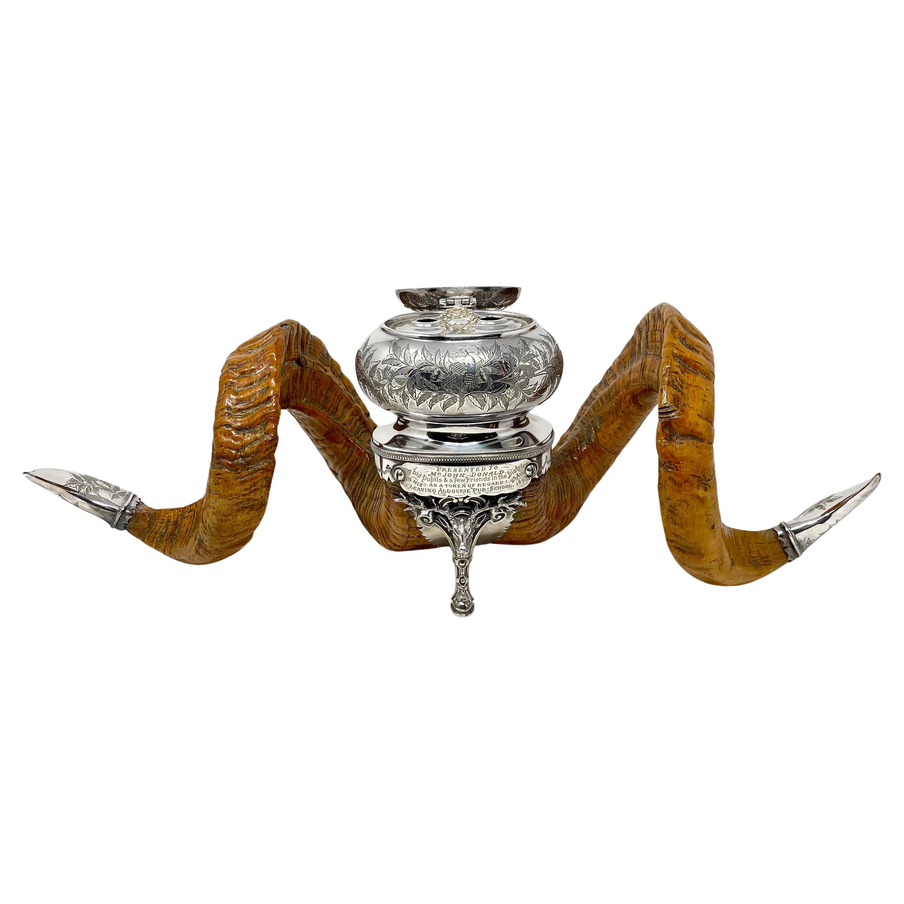 Antique Scottish Sheffield Silver Mounted Snuff Mull and Inkwell, Circa 1893.
Hallmarked 