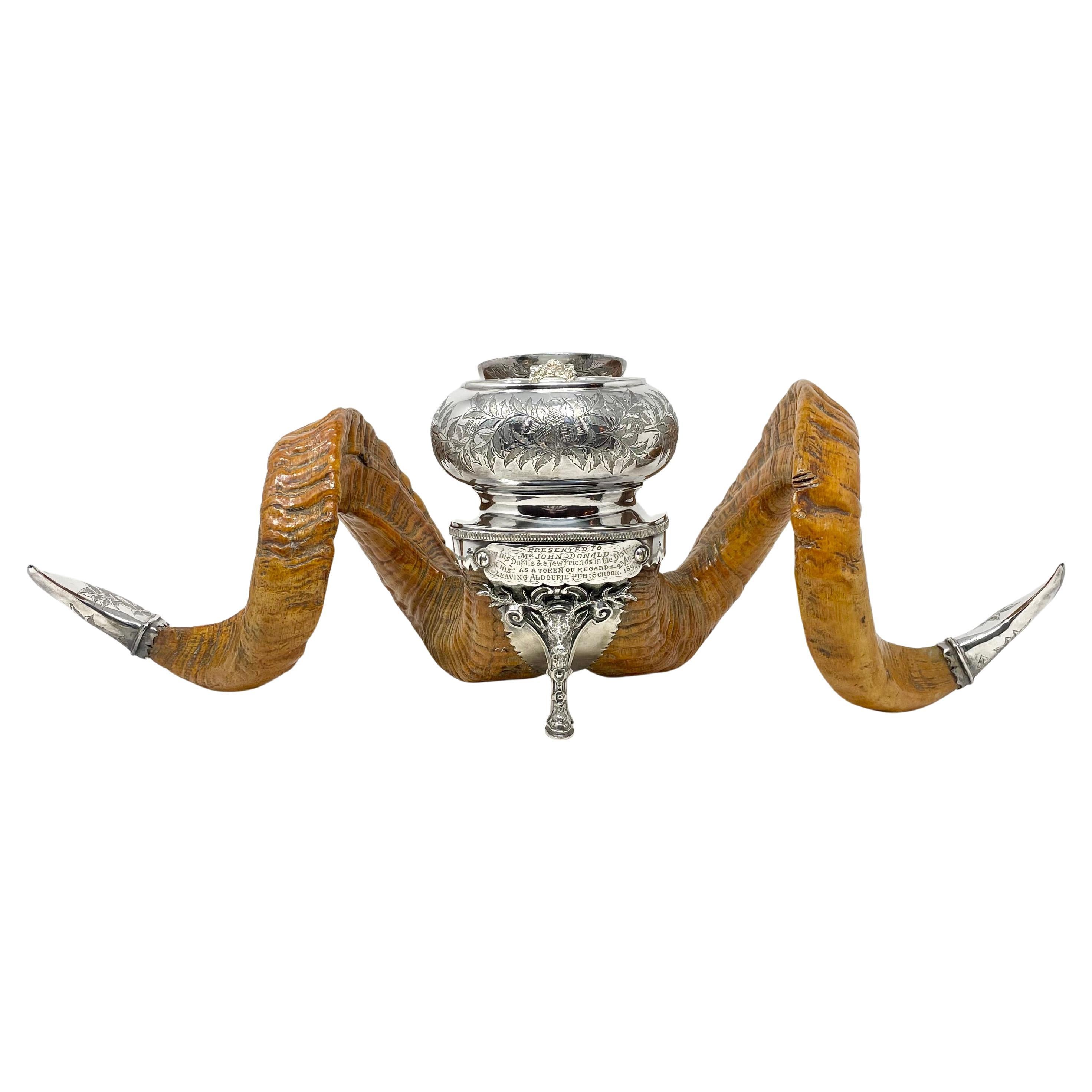 19th Century Antique Scottish Sheffield Silver Mounted Snuff Mull & Inkwell, Circa 1893