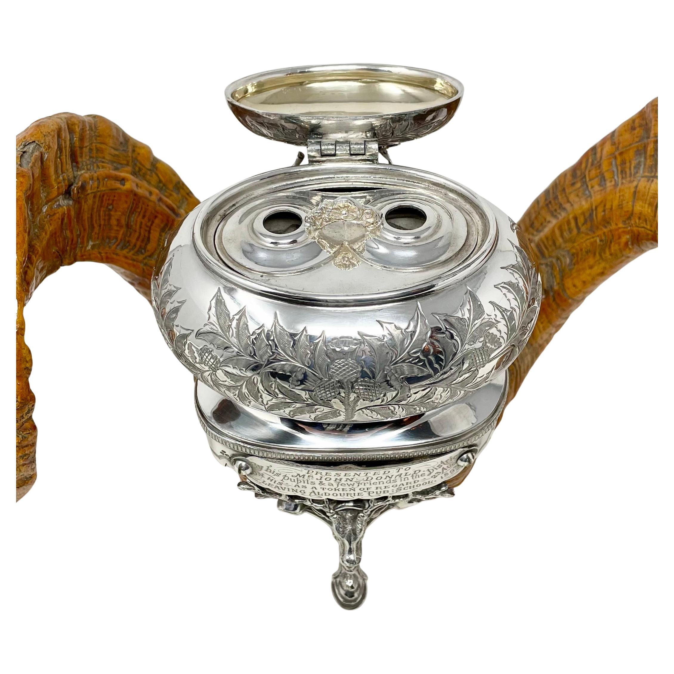 Sheffield Plate Antique Scottish Sheffield Silver Mounted Snuff Mull & Inkwell, Circa 1893