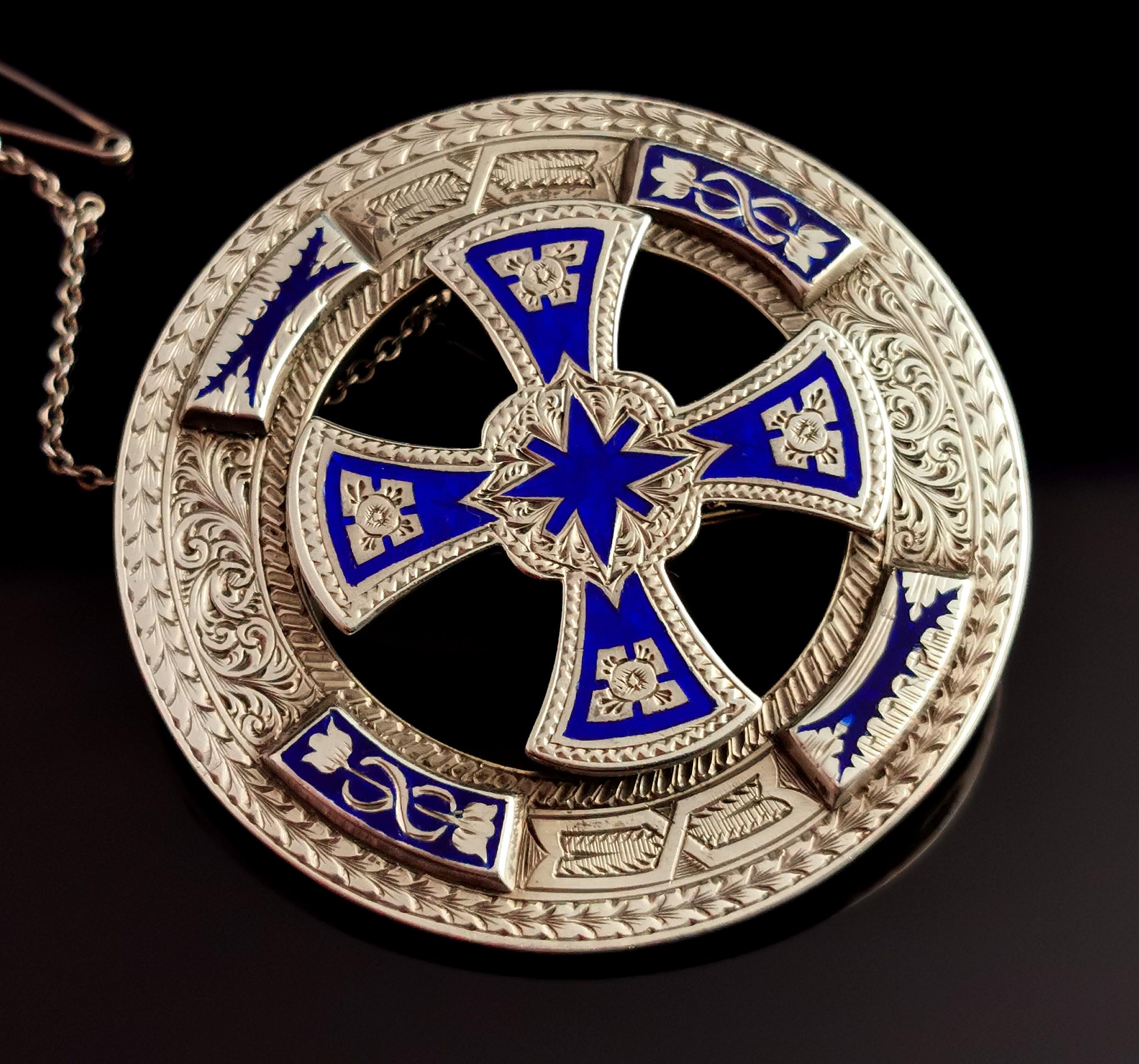 Antique Scottish Silver and Enamel Brooch, Celtic Cross, Victorian 6