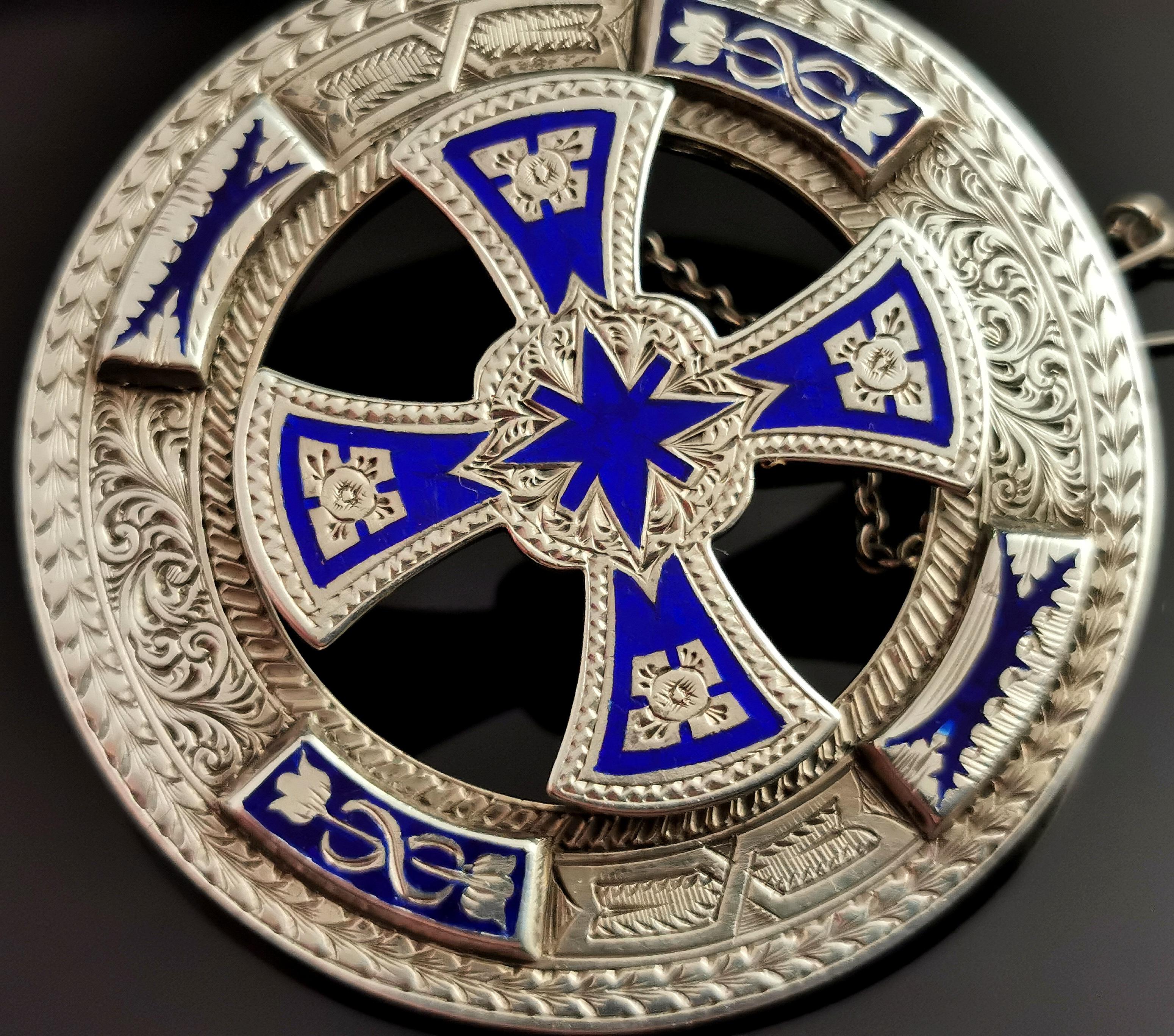 Antique Scottish Silver and Enamel Brooch, Celtic Cross, Victorian 1
