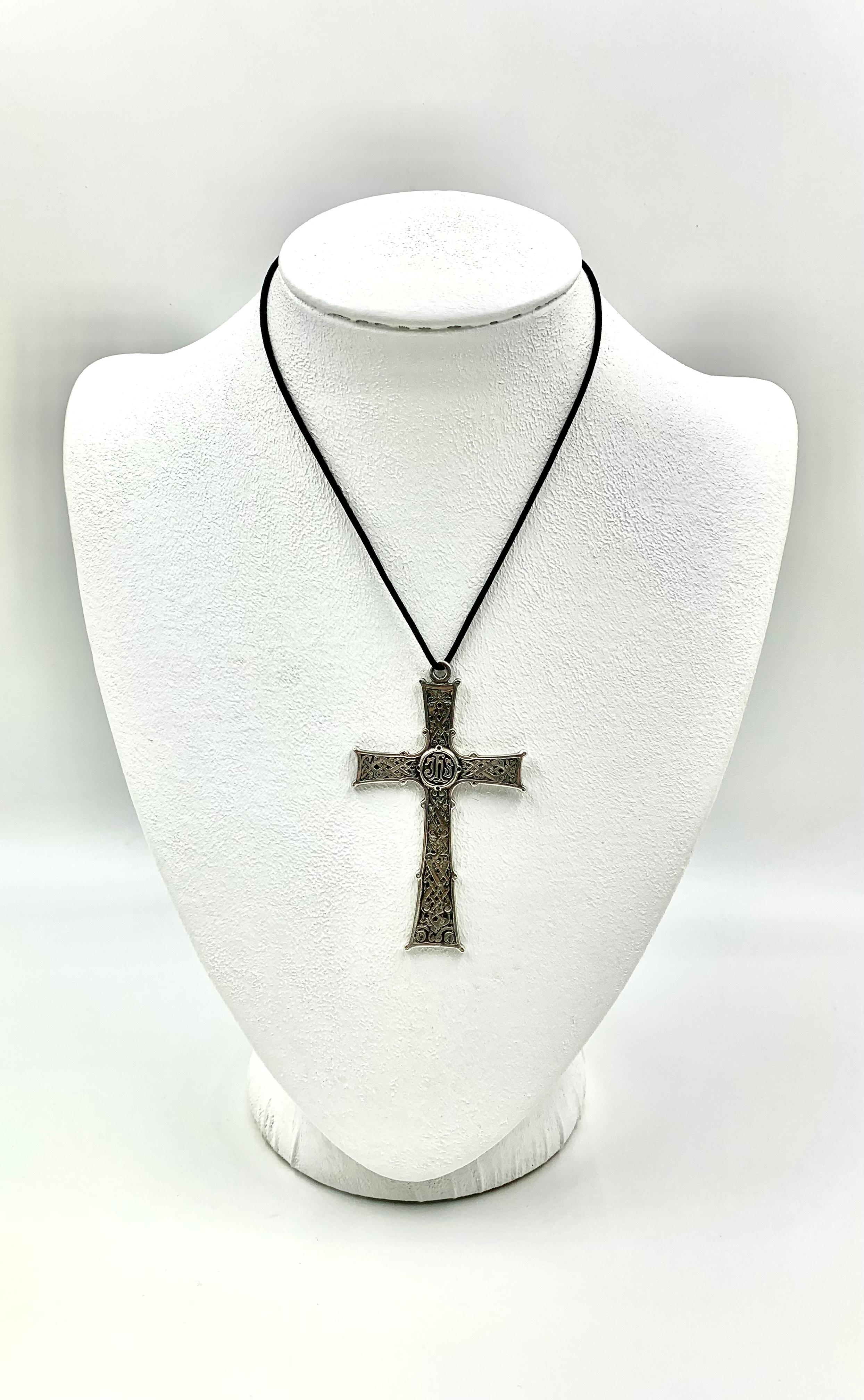 Hand-Crafted Antique Scottish Silver Large Celtic Double Sided JHS Christogram Cross Pendant For Sale