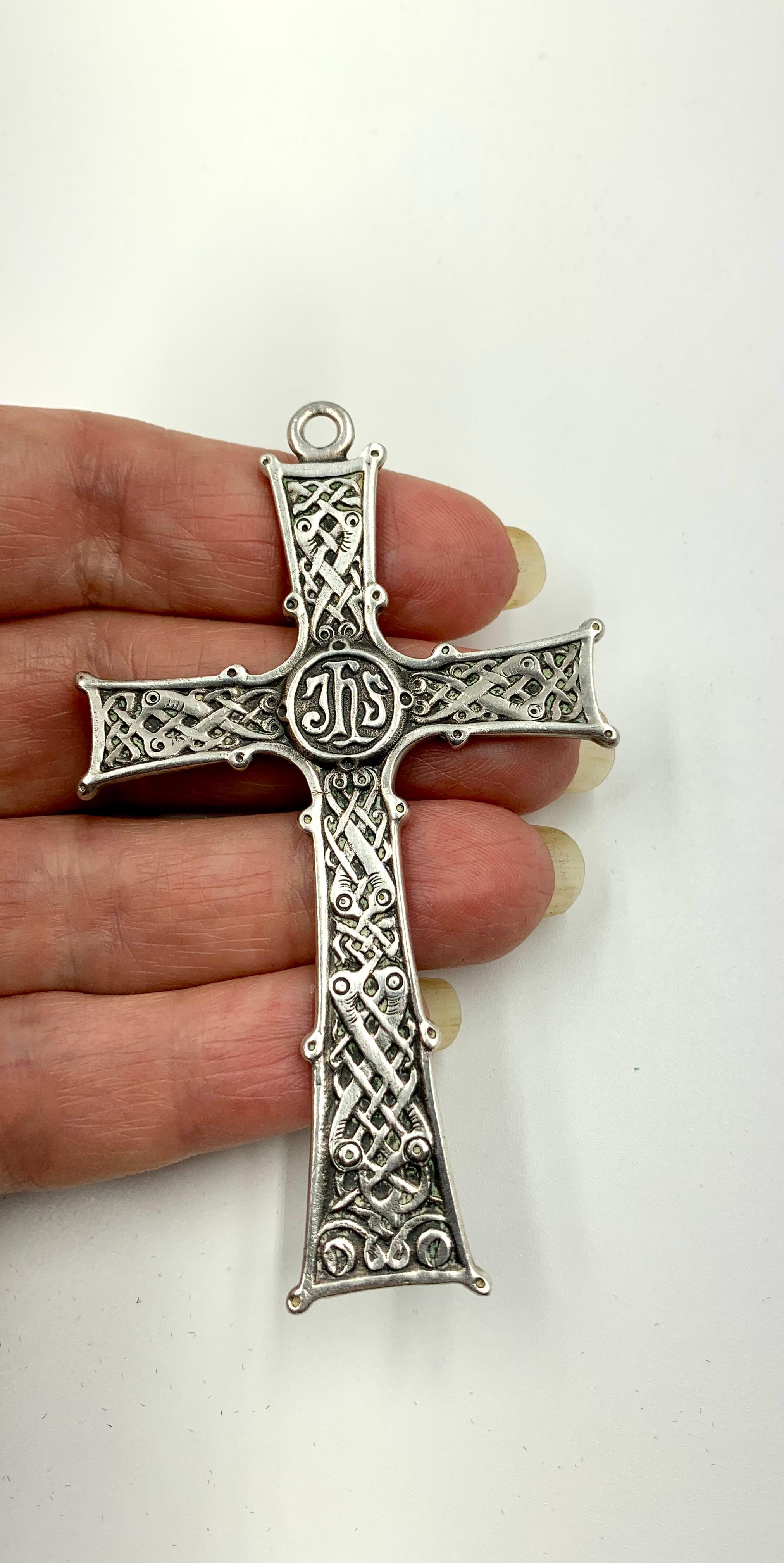 Sterling Silver Antique Scottish Silver Large Celtic Double Sided JHS Christogram Cross Pendant For Sale