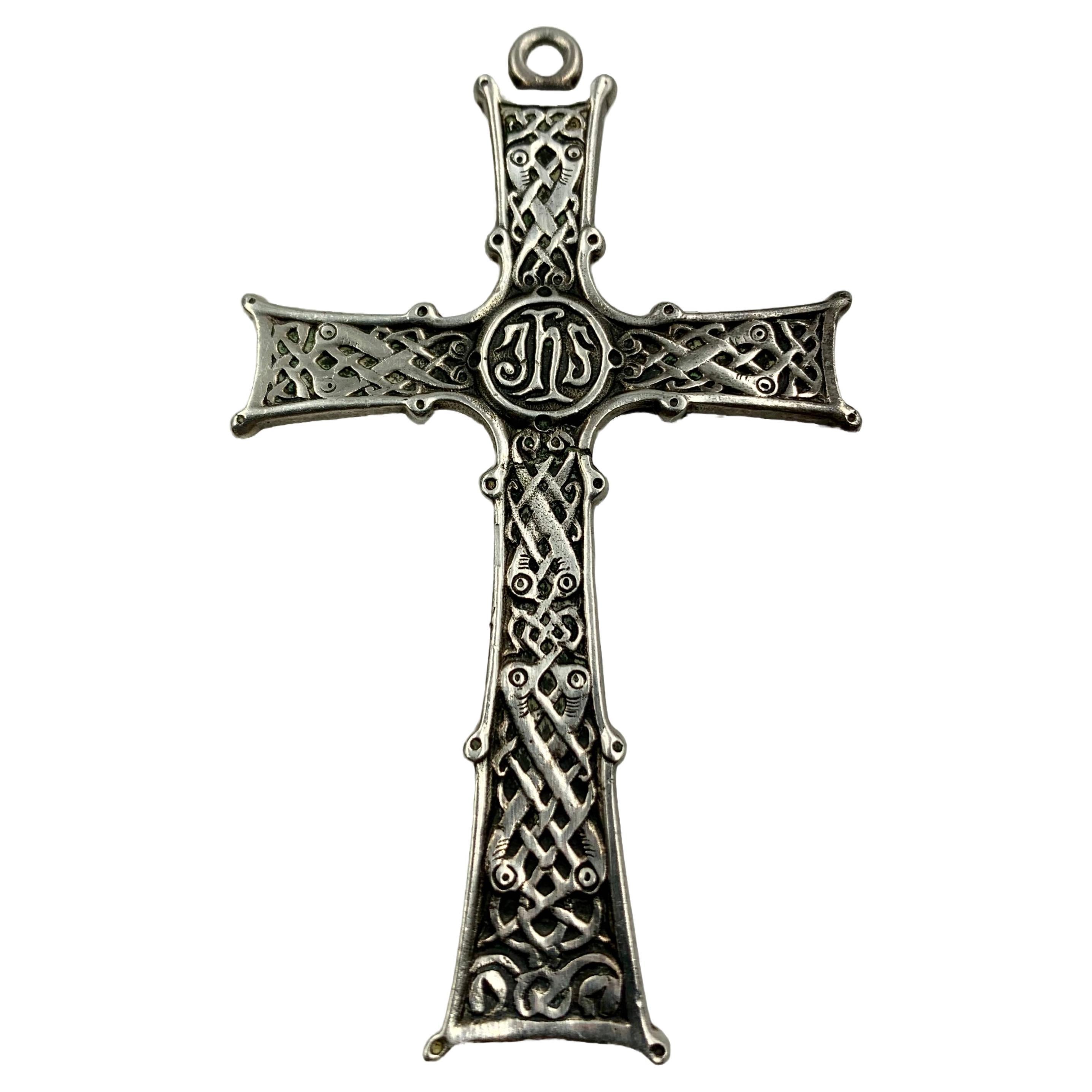 Antique Scottish Silver Large Celtic Double Sided JHS Christogram Cross Pendant For Sale
