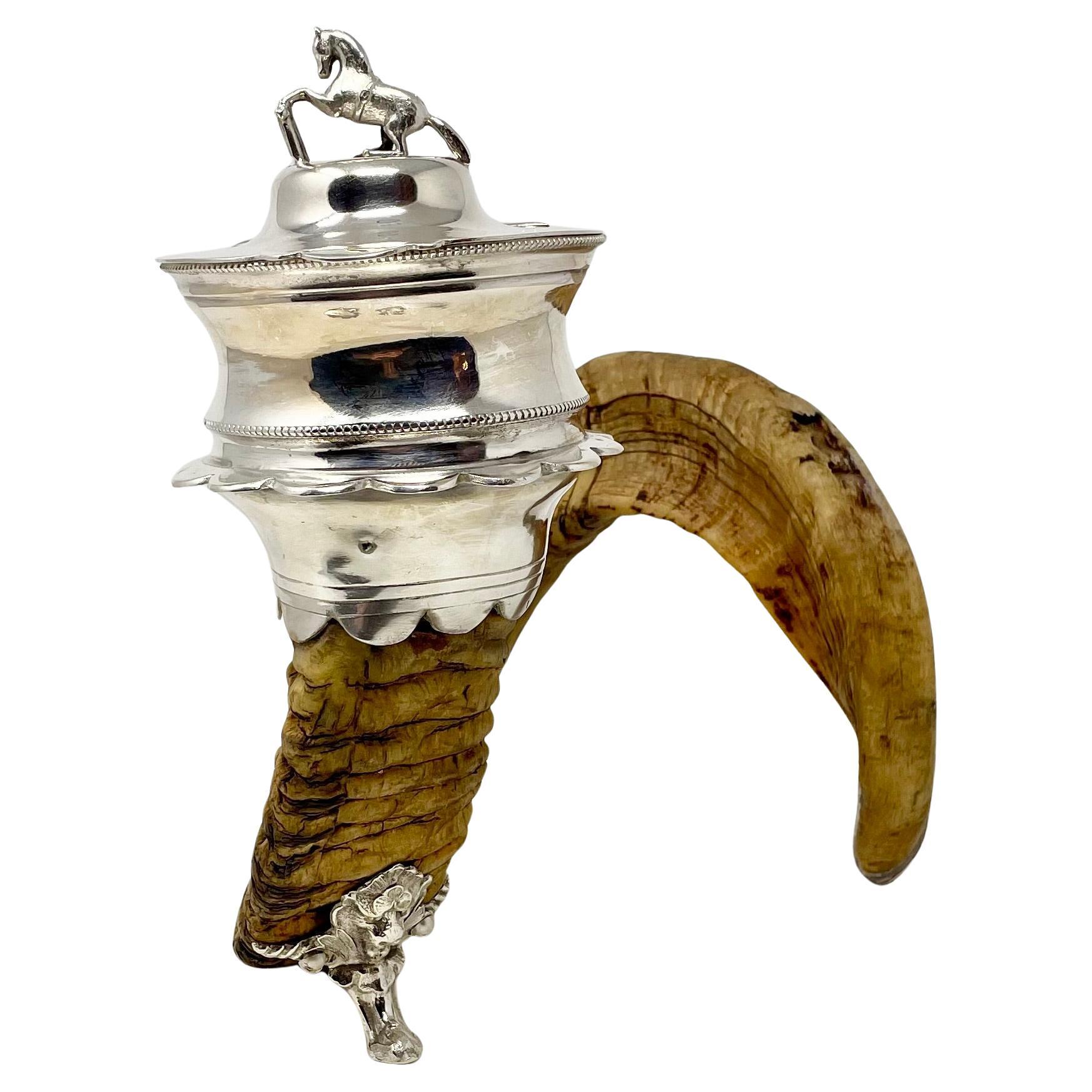 Antique Scottish Silver-Plate Mounted Ram's Horn Snuff Mull, Circa 1880. In Good Condition In New Orleans, LA