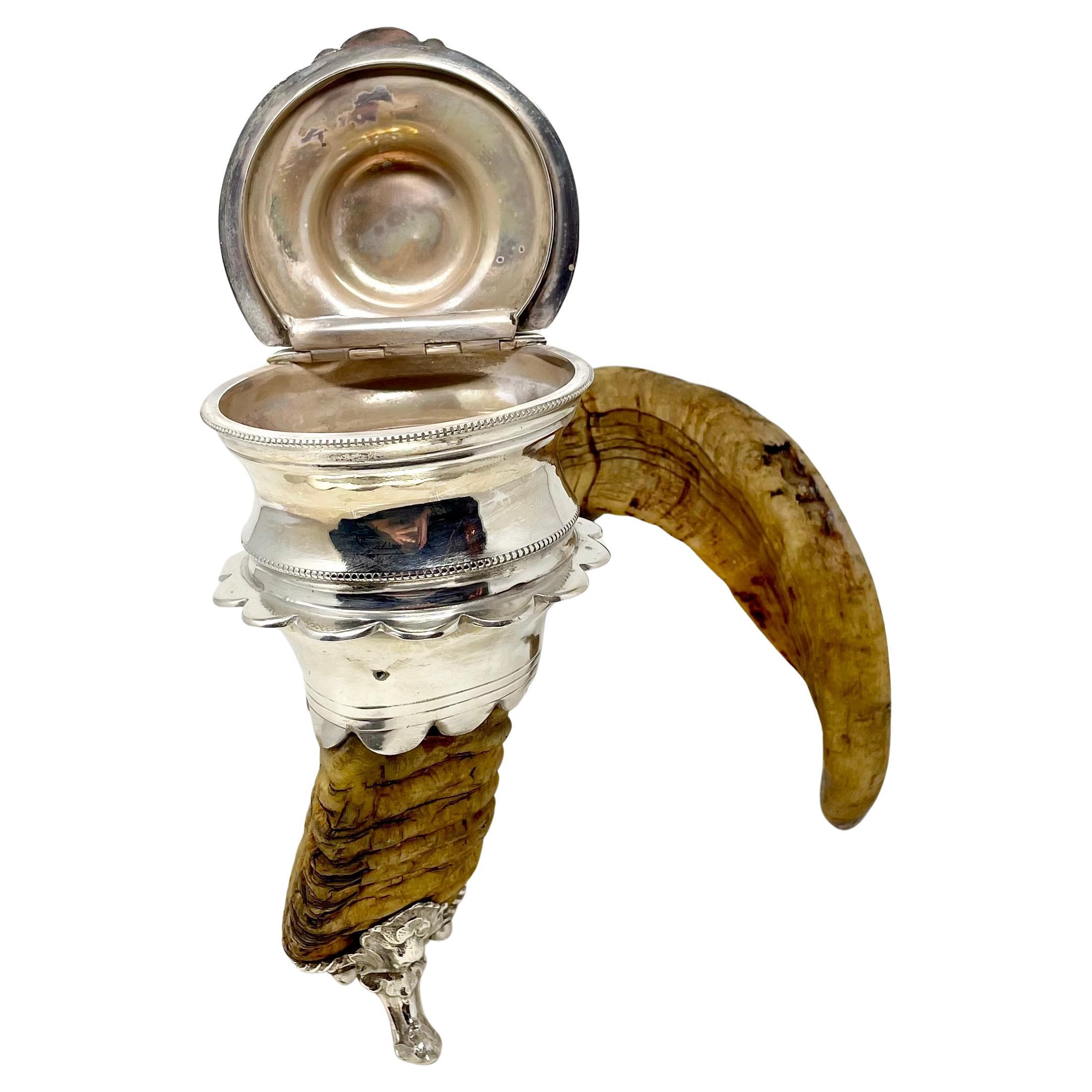 19th Century Antique Scottish Silver-Plate Mounted Ram's Horn Snuff Mull, Circa 1880.