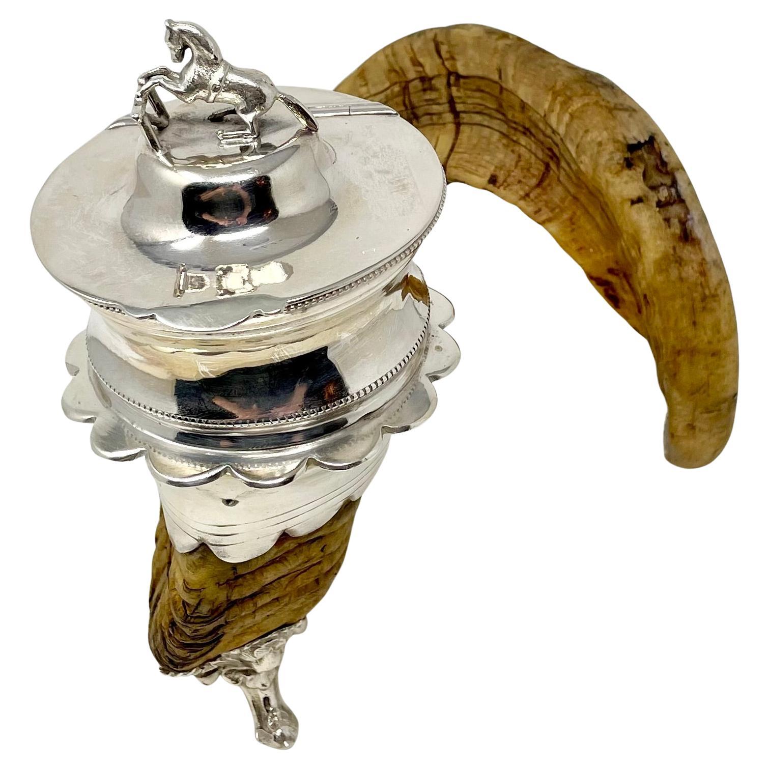 Antique Scottish Silver-Plate Mounted Ram's Horn Snuff Mull, Circa 1880. 1