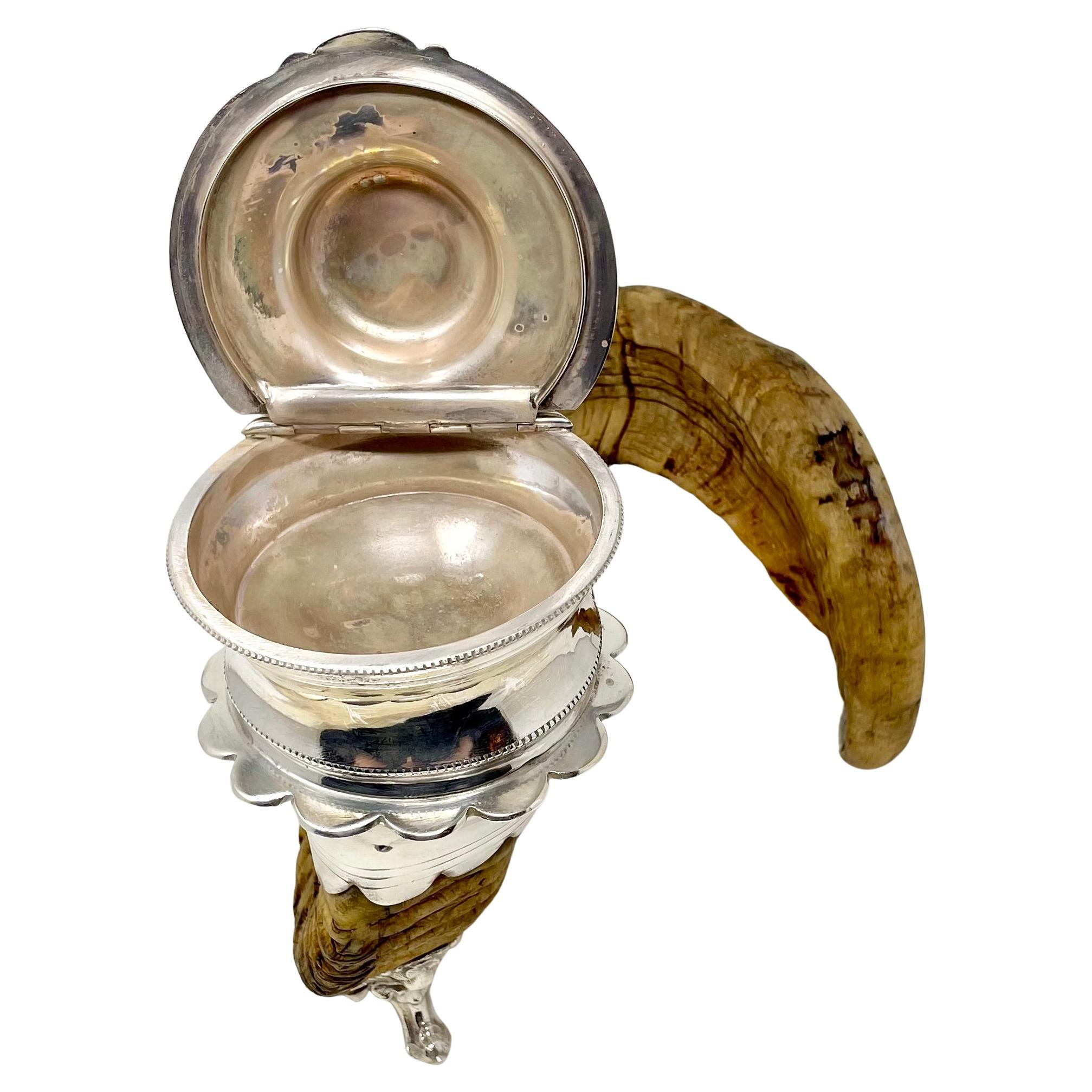 Antique Scottish Silver-Plate Mounted Ram's Horn Snuff Mull, Circa 1880. 2