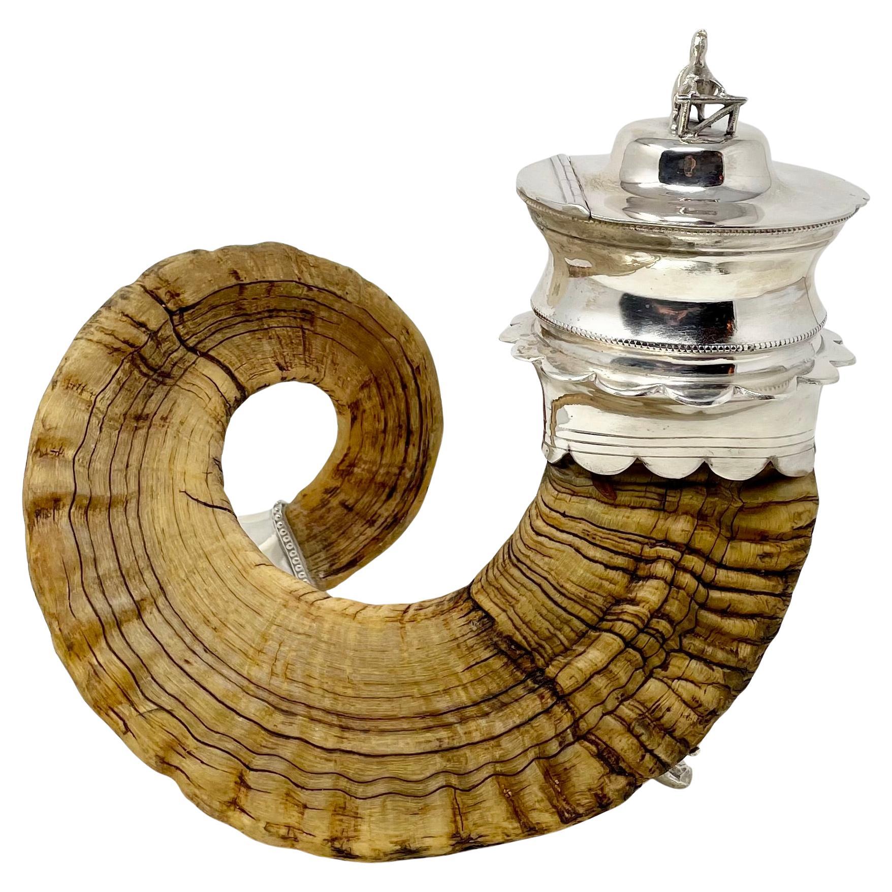 Antique Scottish Silver-Plate Mounted Ram's Horn Snuff Mull, Circa 1880. 6