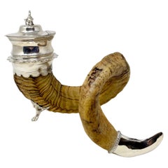 Antique Scottish Silver-Plate Mounted Ram's Horn Snuff Mull, Circa 1880.