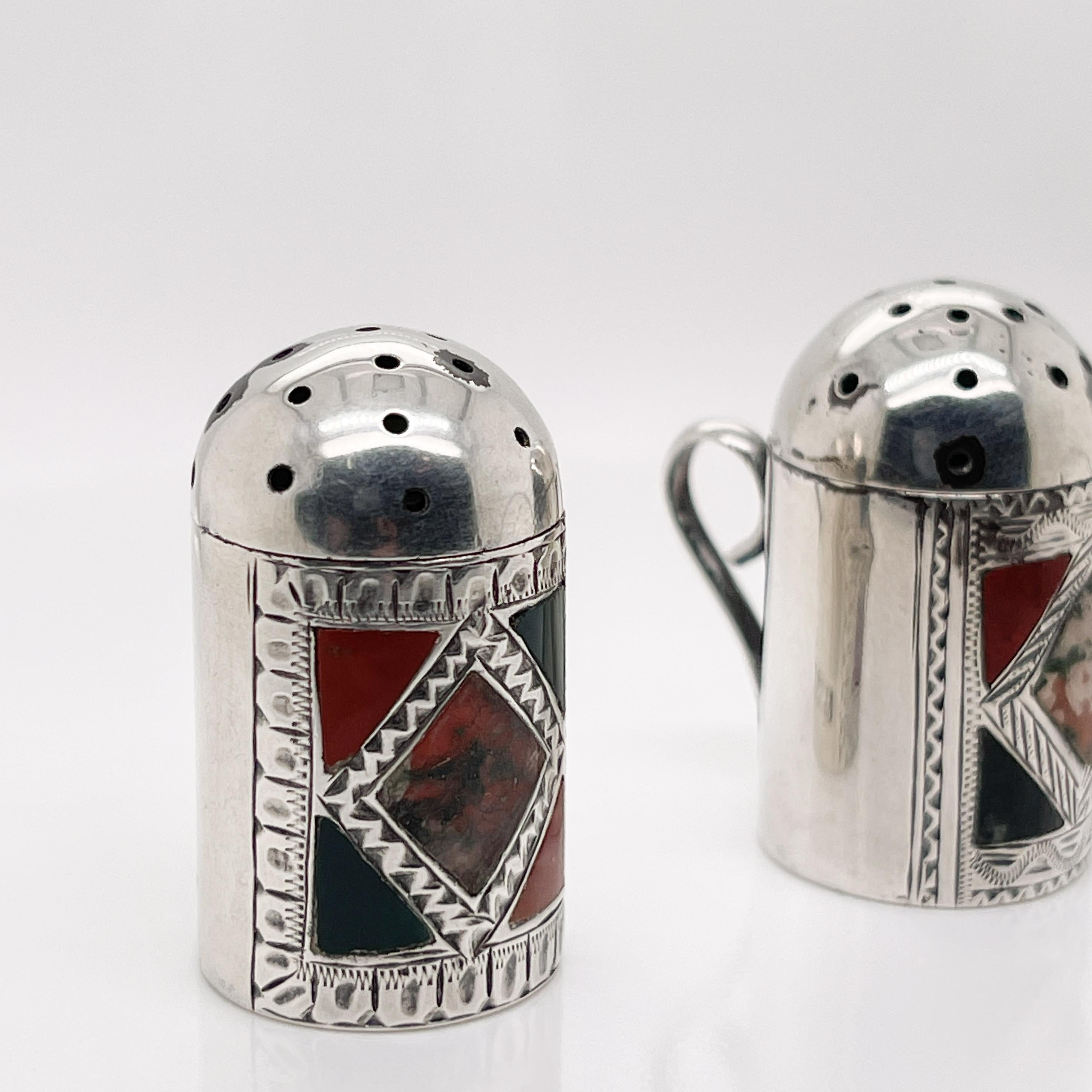 Antique Scottish Sterling Silver, Agate, & Enamel Pepperettes or Pepper Shakers For Sale 3