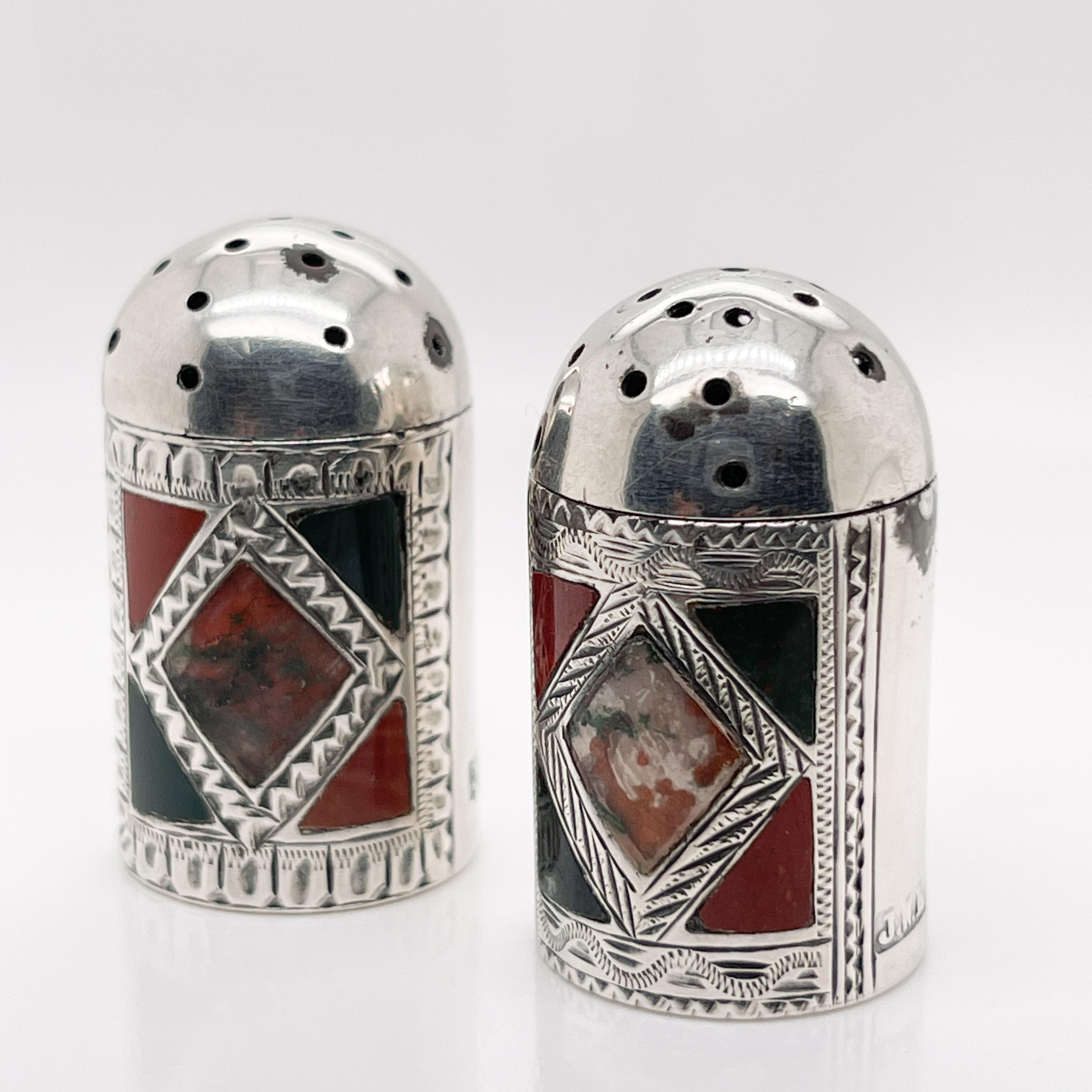 Antique Scottish Sterling Silver, Agate, & Enamel Pepperettes or Pepper Shakers For Sale 4