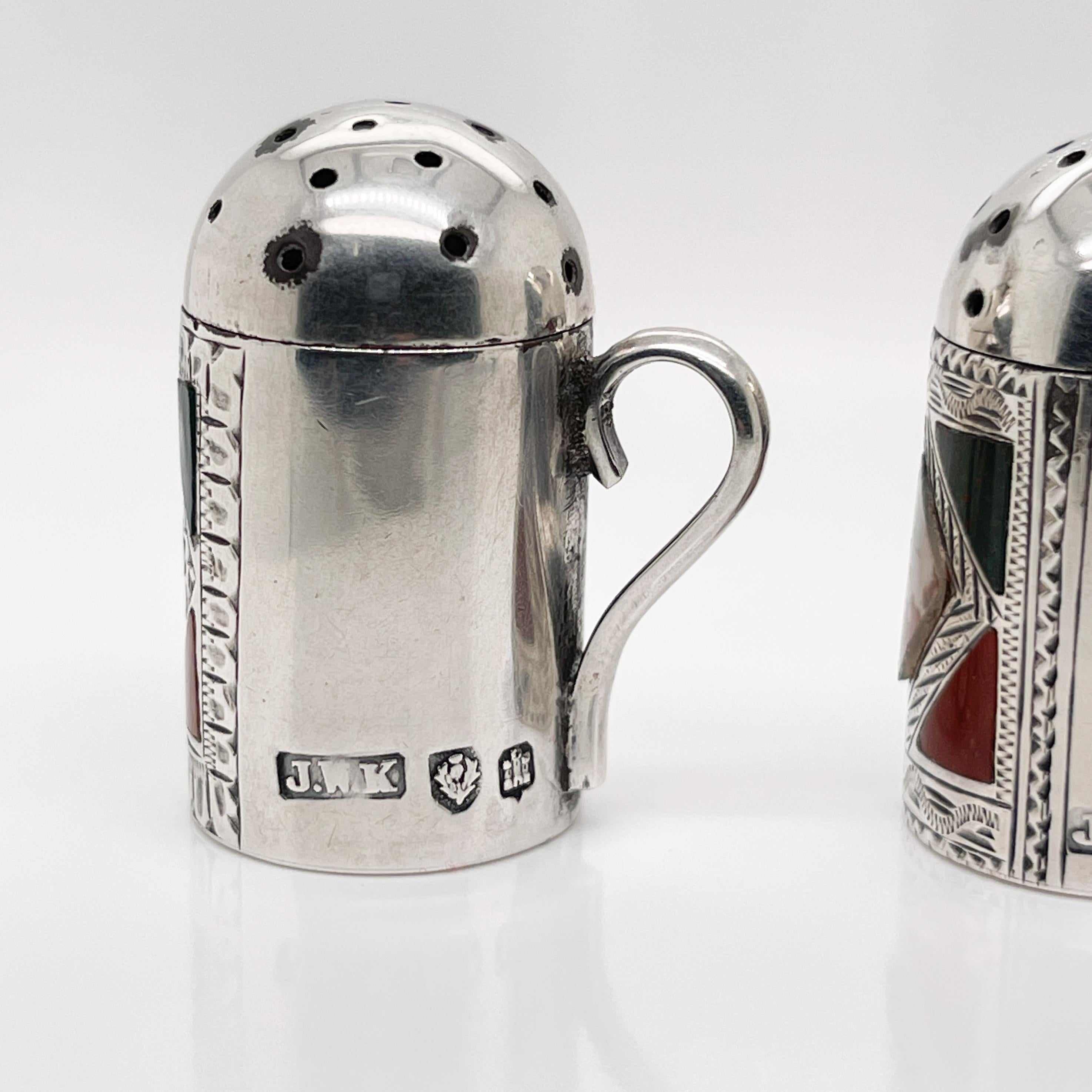 Edwardian Antique Scottish Sterling Silver, Agate, & Enamel Pepperettes or Pepper Shakers For Sale