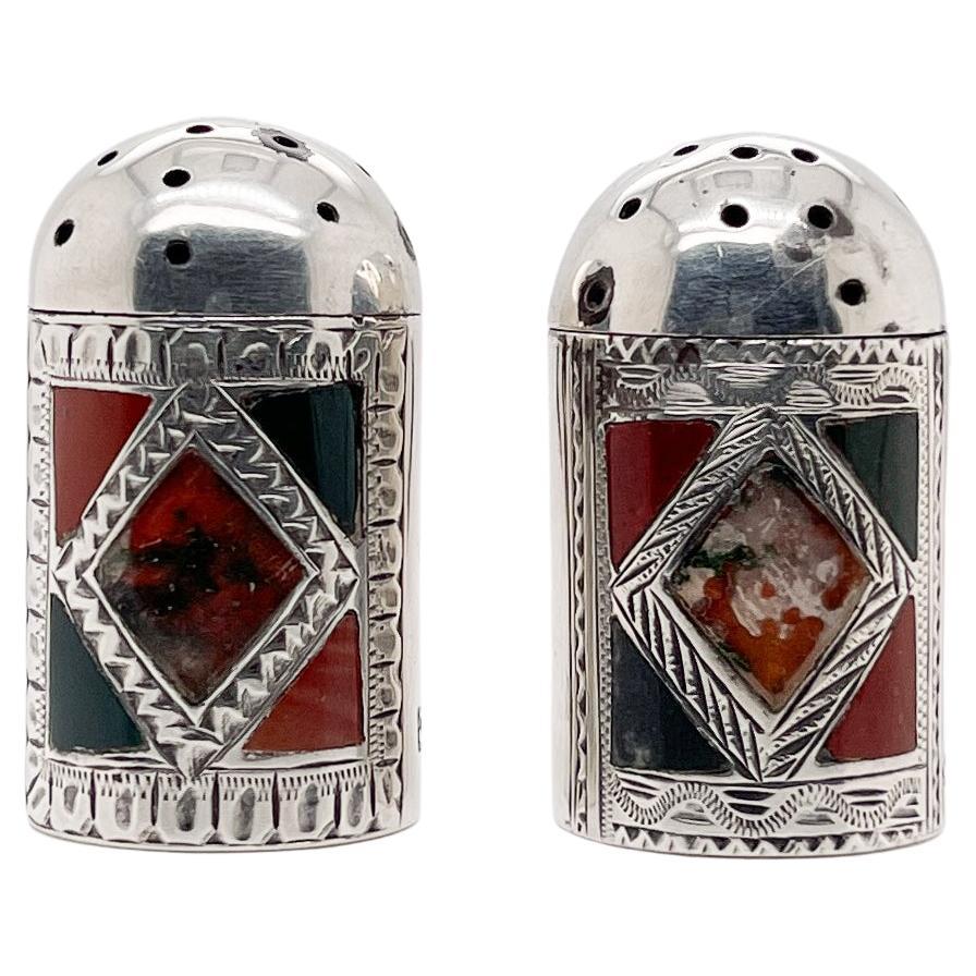 Antique Scottish Sterling Silver, Agate, & Enamel Pepperettes or Pepper Shakers For Sale
