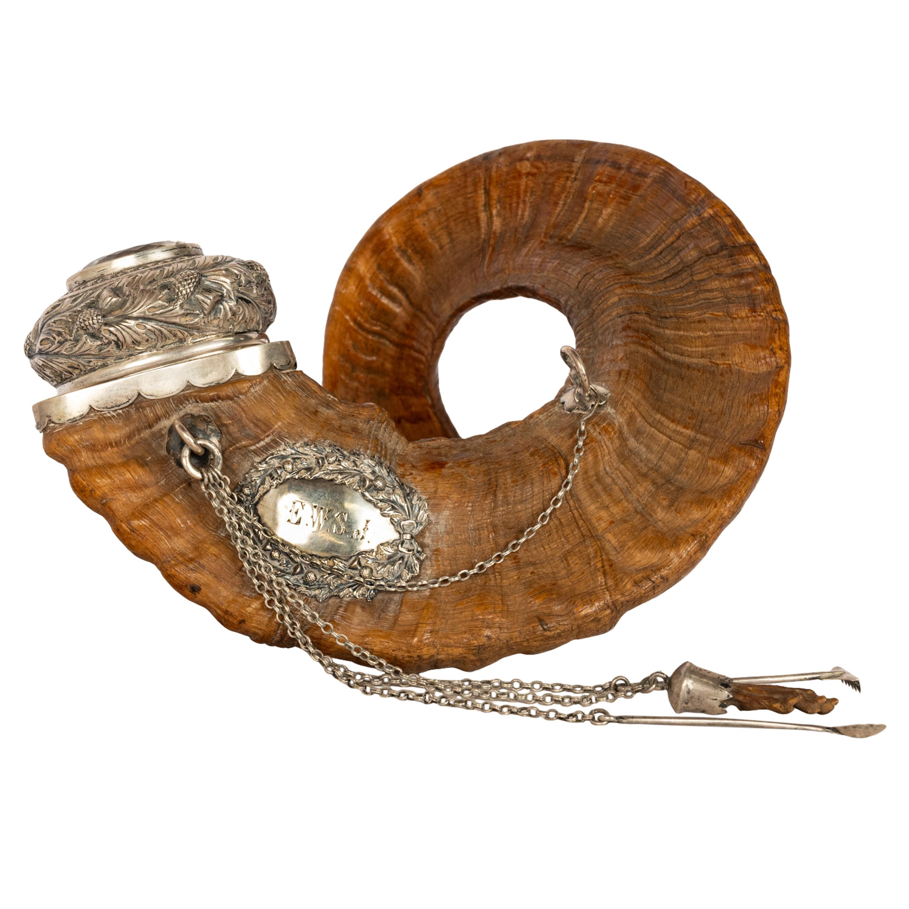 Late Victorian Antique Scottish Sterling Silver Cairngorm Snuff Mull Ram's Horn Edinburgh 1884 For Sale