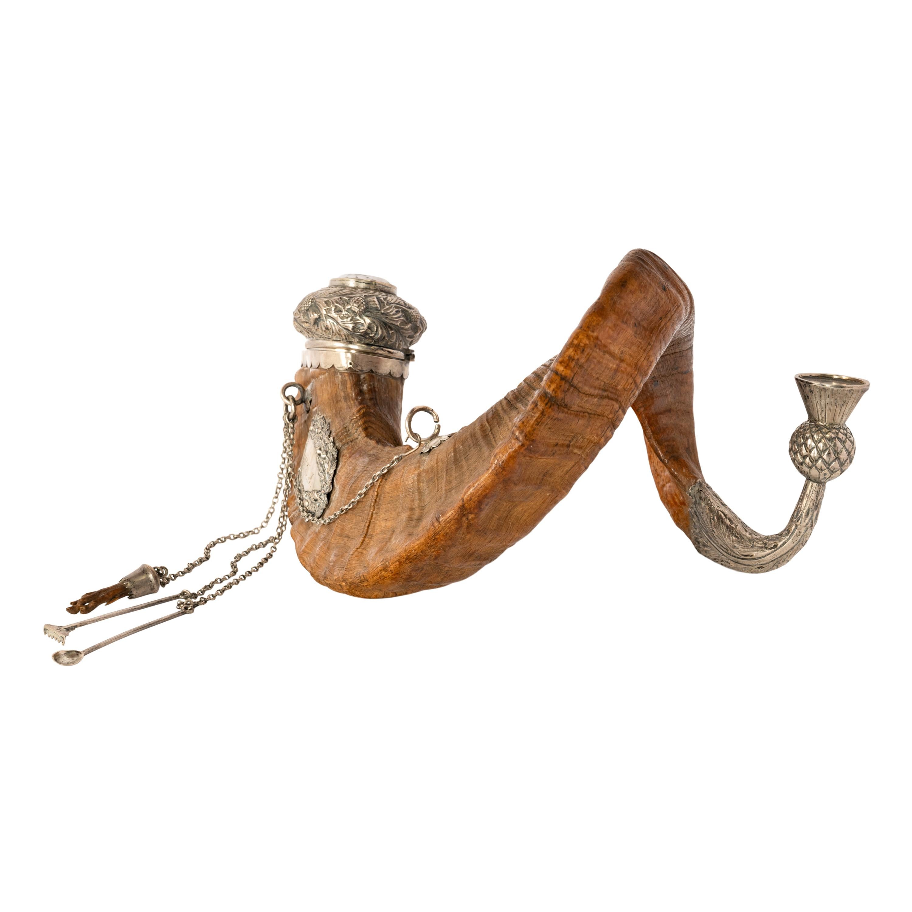 Late Victorian Antique Scottish Sterling Silver Cairngorm Snuff Mull Ram's Horn Edinburgh 1884