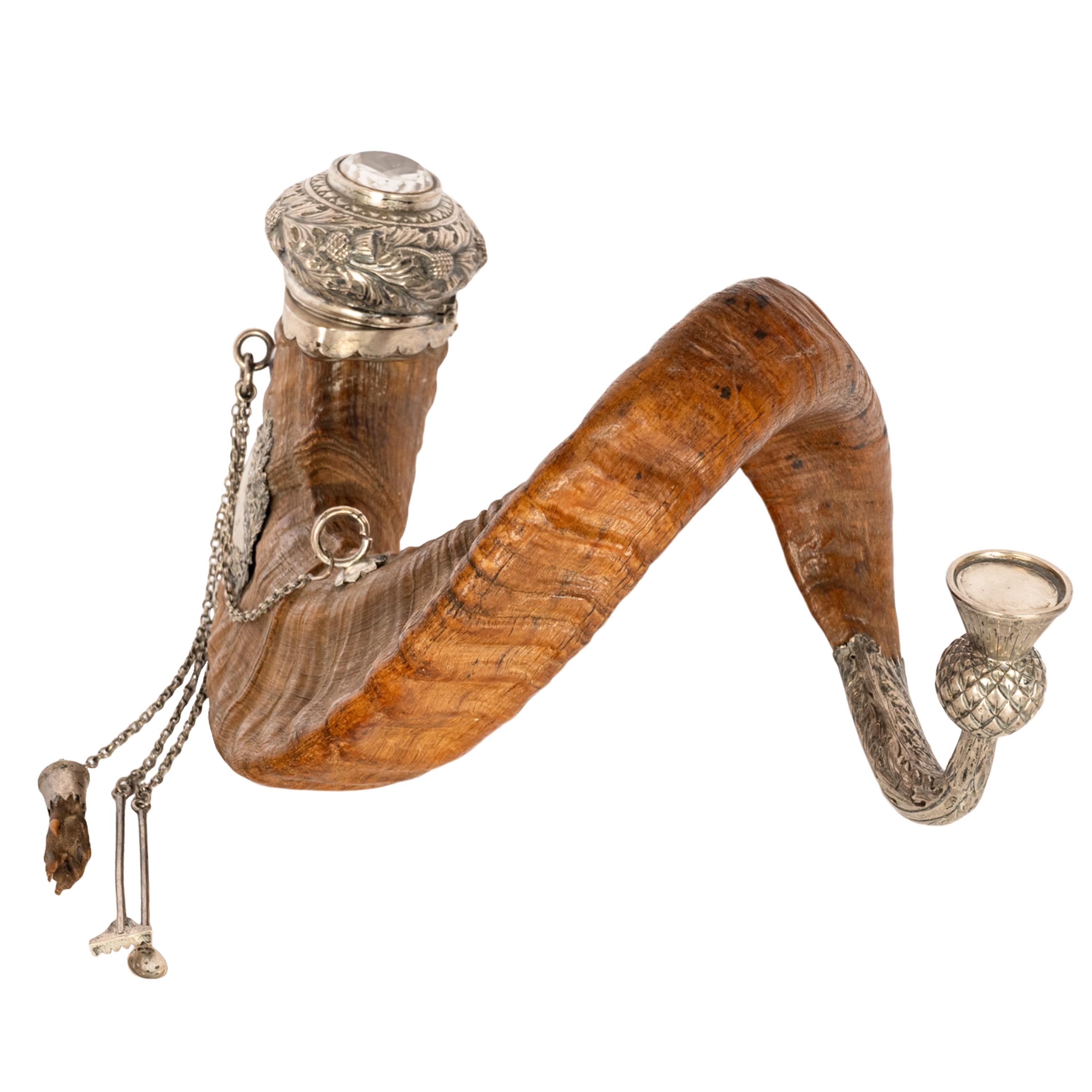 Late 19th Century Antique Scottish Sterling Silver Cairngorm Snuff Mull Ram's Horn Edinburgh 1884 For Sale