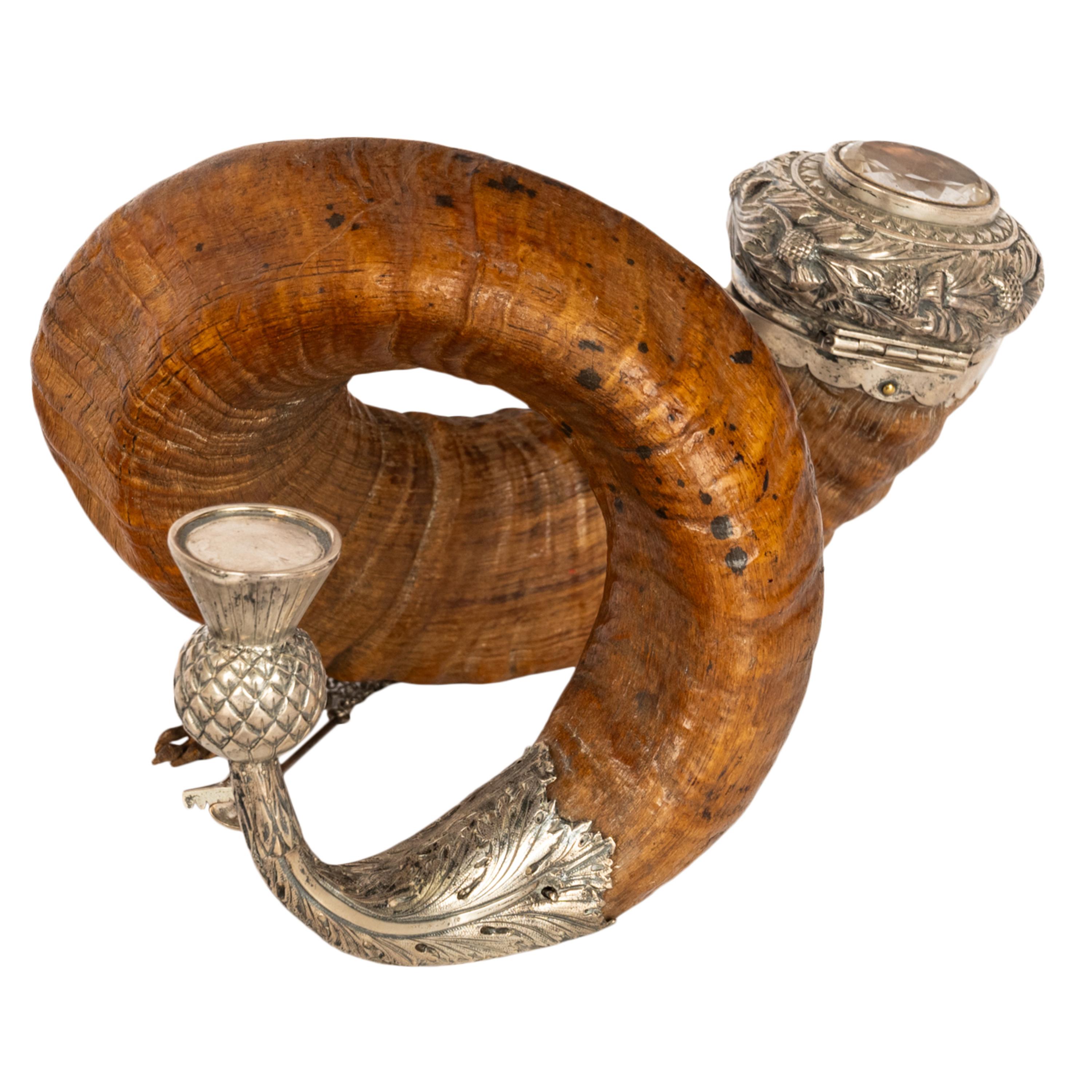 Antique Scottish Sterling Silver Cairngorm Snuff Mull Ram's Horn Edinburgh 1884 In Good Condition In Portland, OR