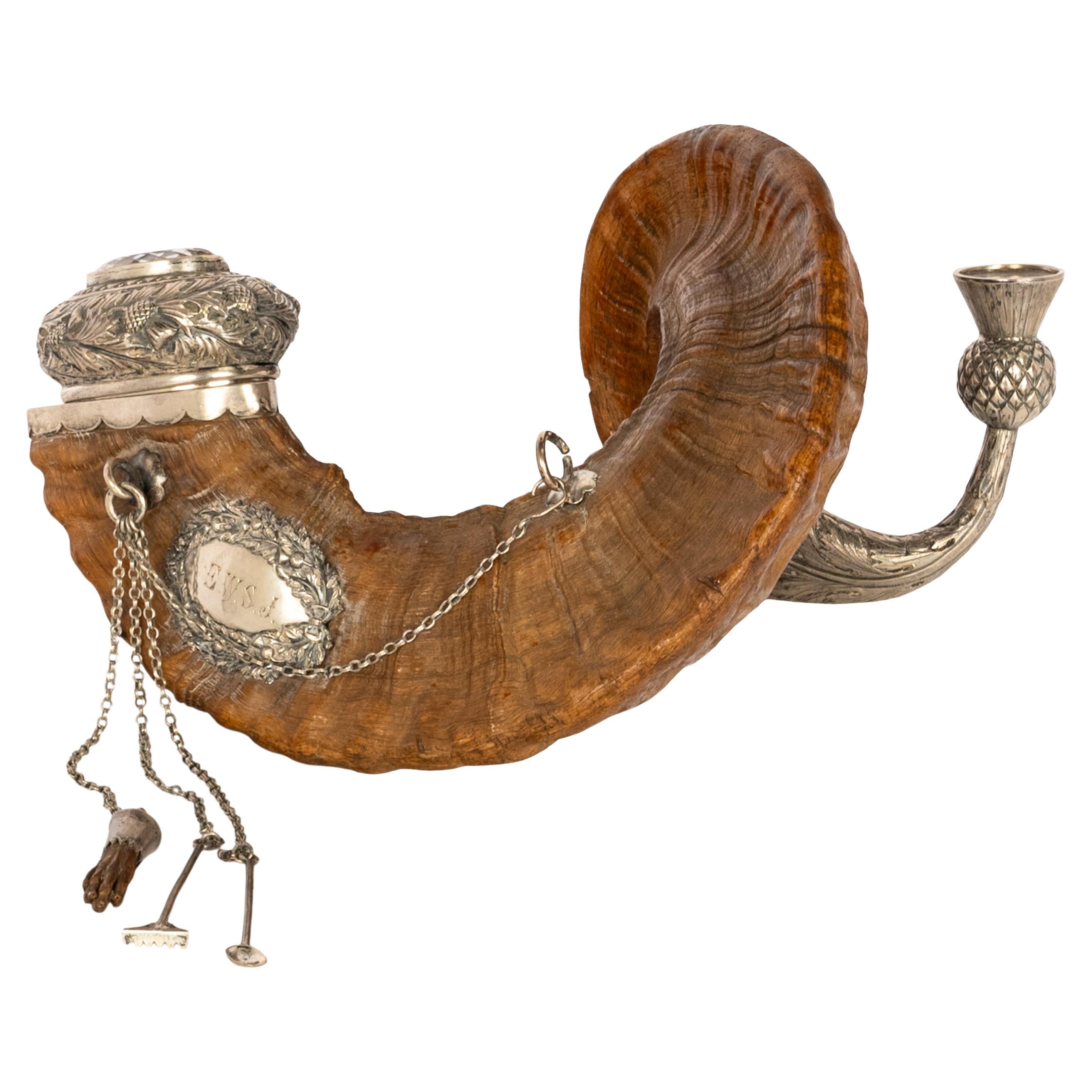 Antike schottische Sterling Silber Cairngorm Snuff Mull Ram's Horn Edinburgh 1884