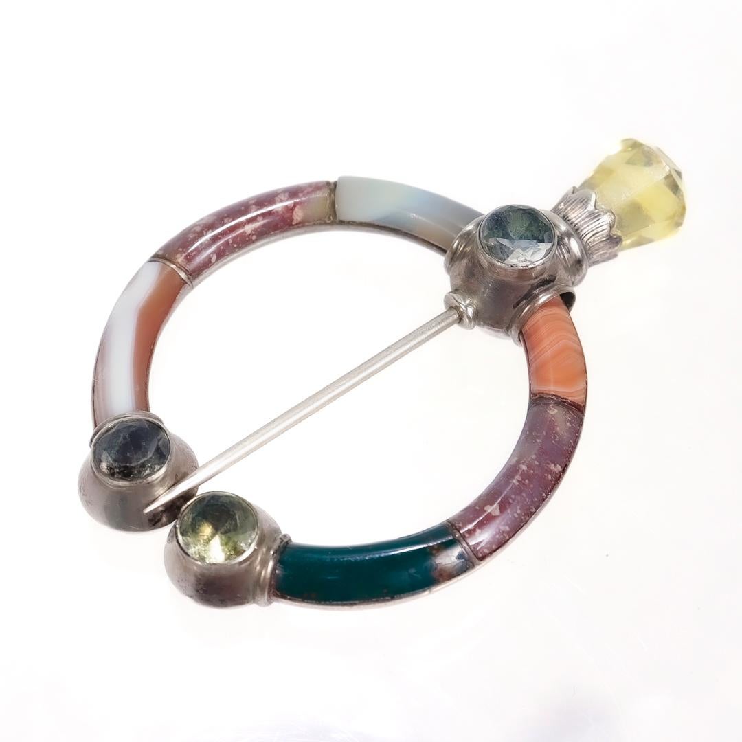 Antique Scottish Sterling Silver, Citrine, and Mixed Hardstone Penannular Brooch For Sale 6