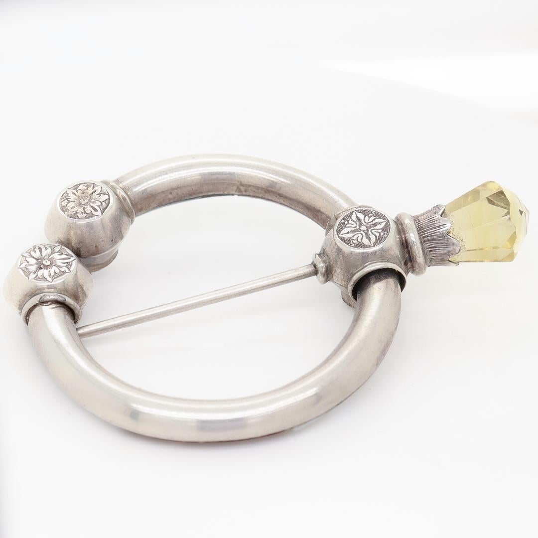 Antique Scottish Sterling Silver, Citrine, and Mixed Hardstone Penannular Brooch For Sale 8