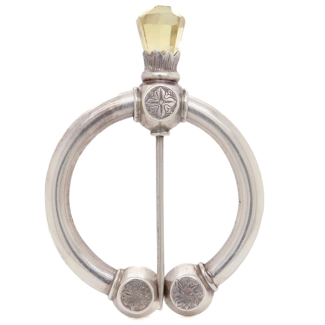 Antique Scottish Sterling Silver, Citrine, and Mixed Hardstone Penannular Brooch For Sale 9
