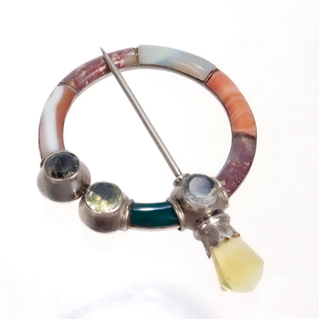 Antique Scottish Sterling Silver, Citrine, and Mixed Hardstone Penannular Brooch For Sale 1