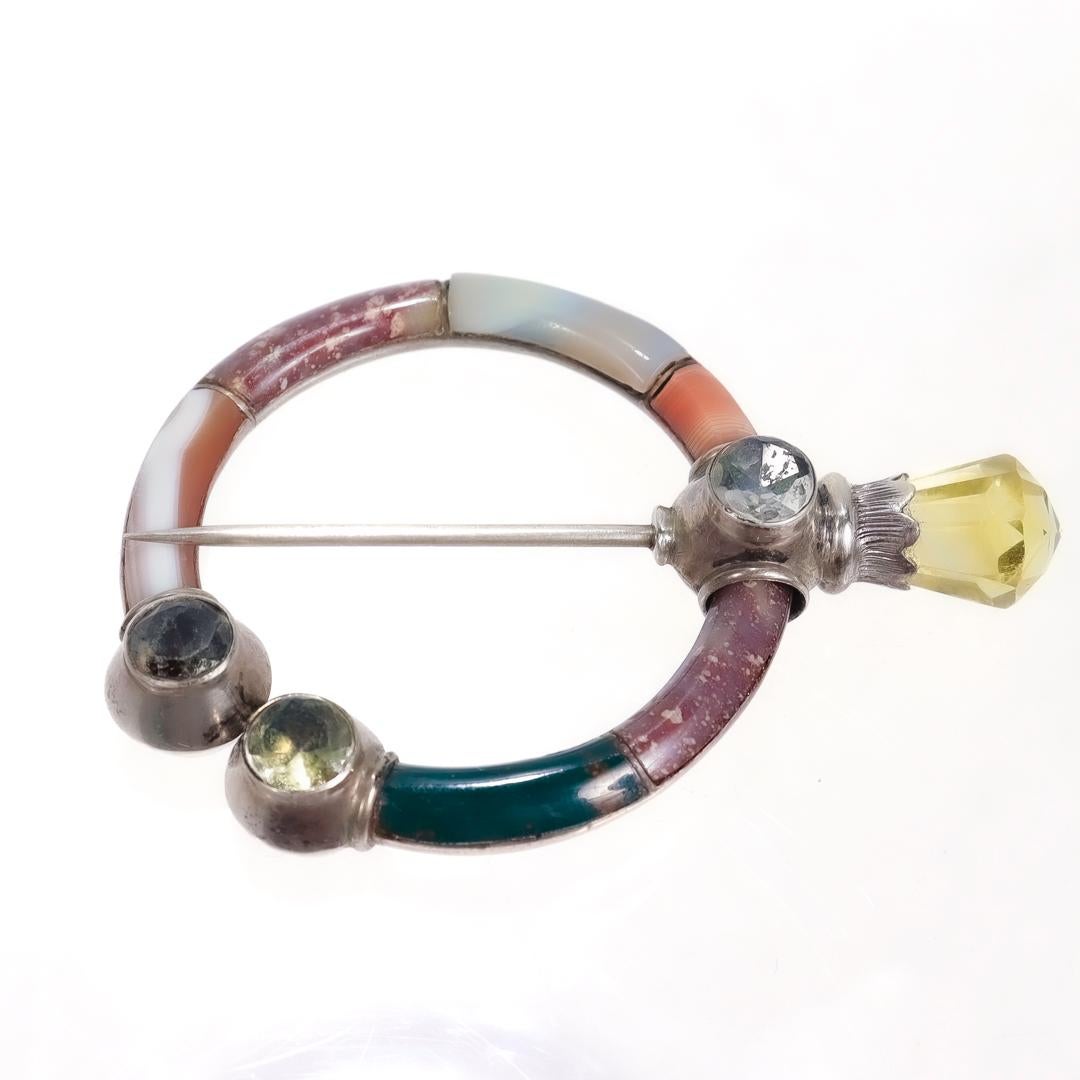 Antique Scottish Sterling Silver, Citrine, and Mixed Hardstone Penannular Brooch For Sale 2