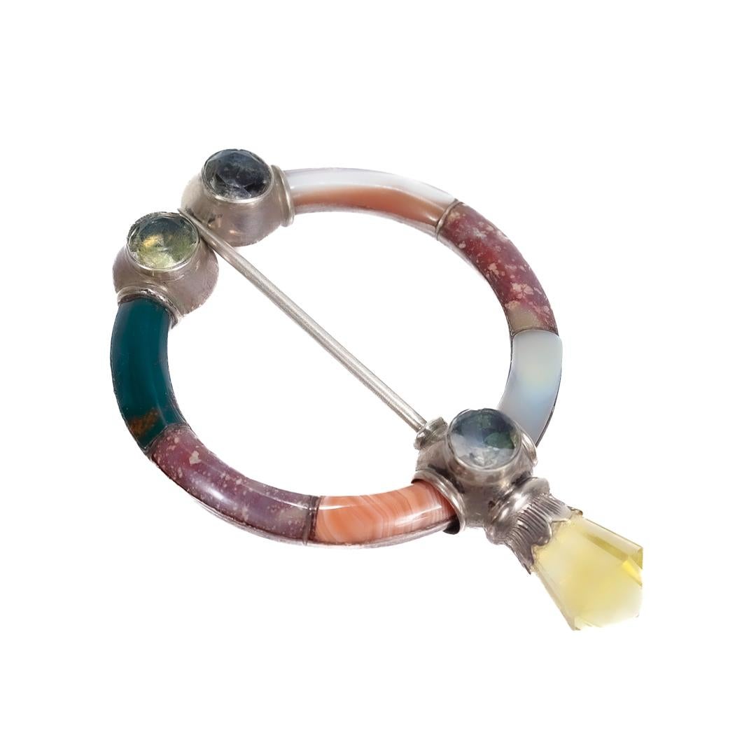 Antique Scottish Sterling Silver, Citrine, and Mixed Hardstone Penannular Brooch For Sale 3