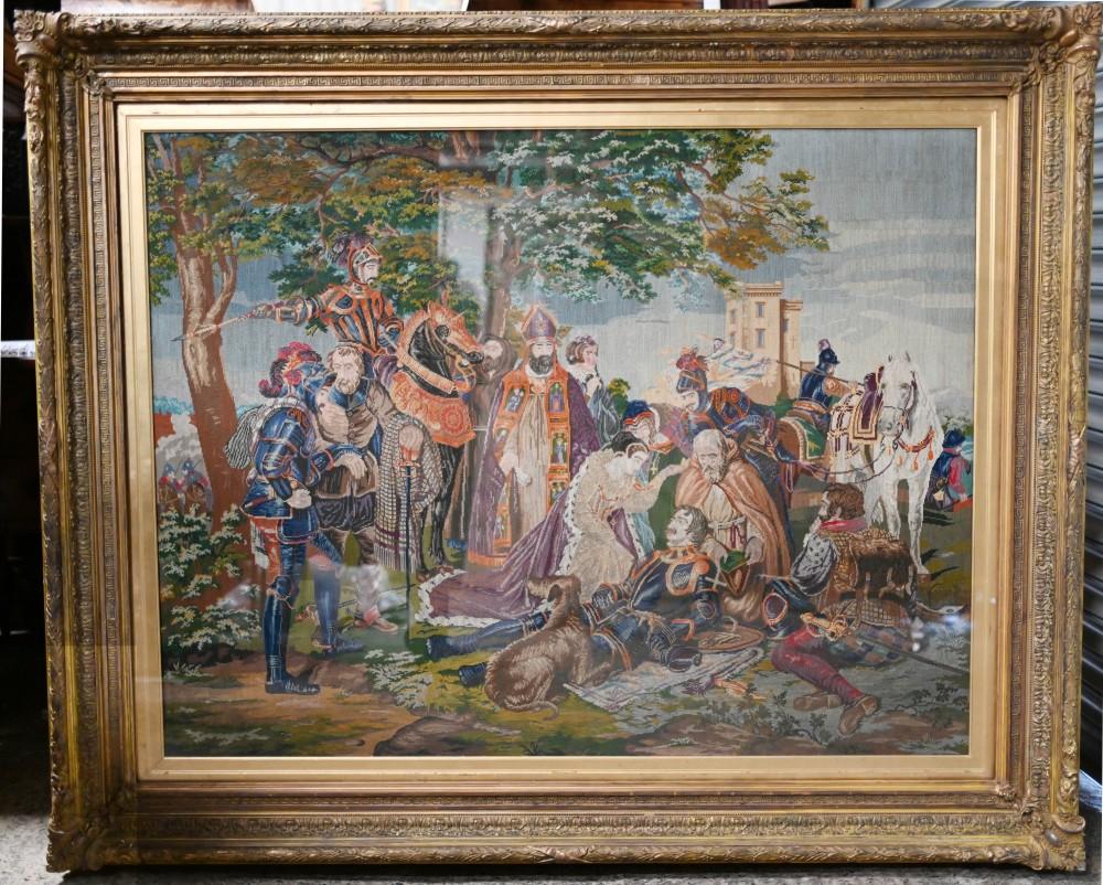 Amazing antique Scottish tapestry in gilt frame tat measures almost six feet wide - 180 CM
The subject is based on the famous oil painting 'Scotland Mourning' which was originally painted by F. Hartwich 
It shows Mary of Scotland mourning over a