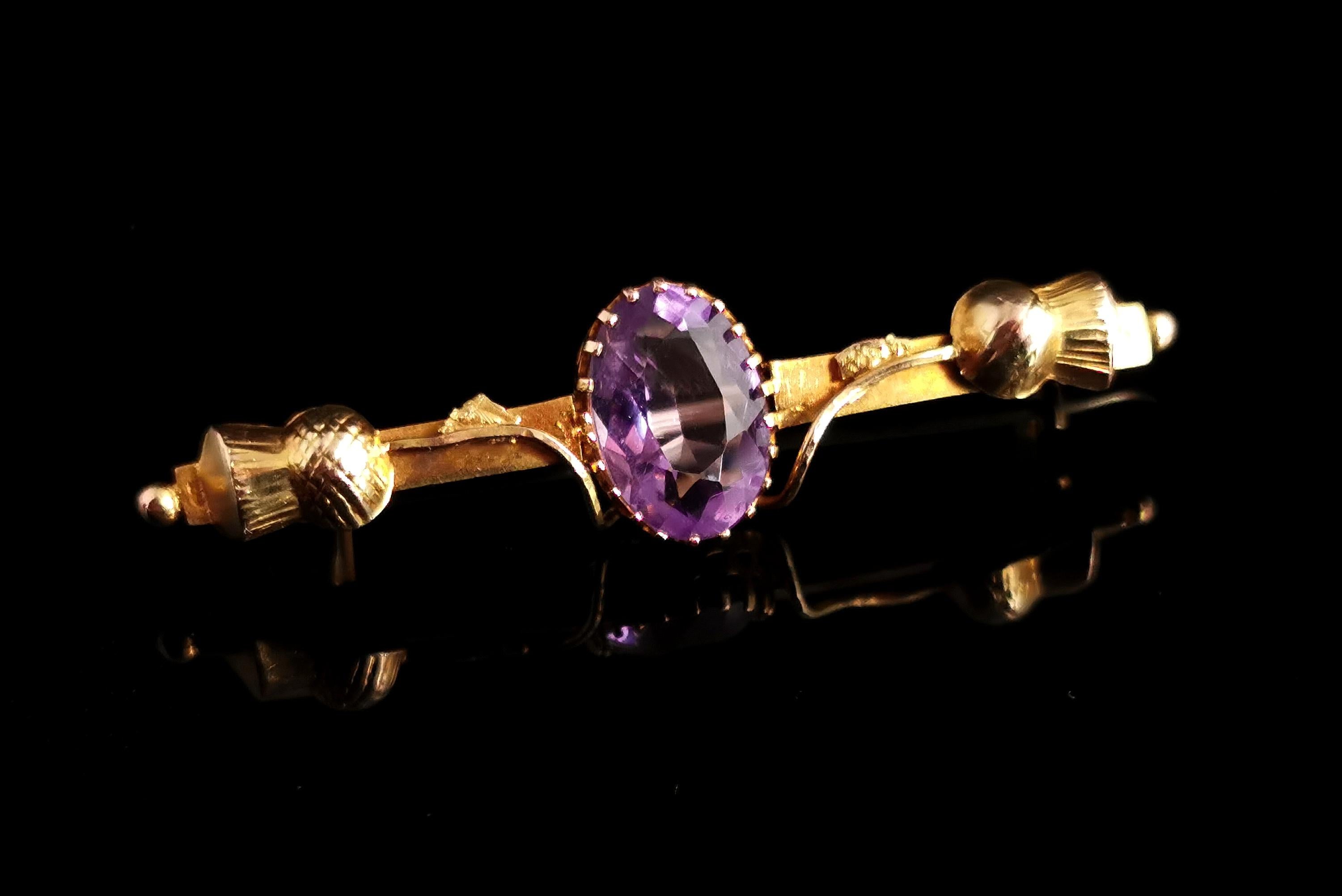 A gorgeous antique Scottish thistle brooch.

The rich gold bar brooch has two scrolling terminals each designed as a thistle flower.

The centre showcases a beautiful oval Amethyst, claw set with an approx 1.40 ct weight, a mid purple hue contrasts