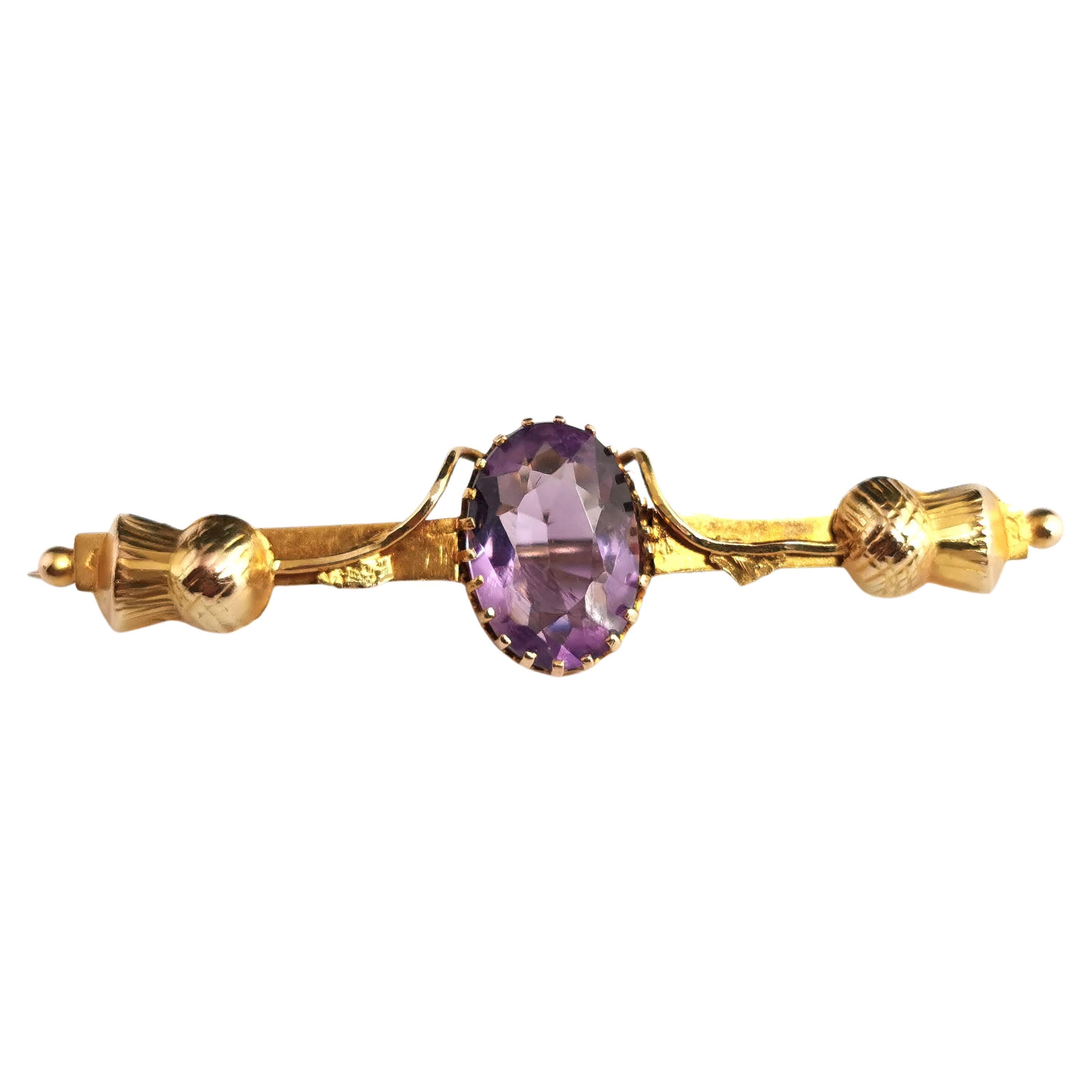 Antique Scottish Thistle Brooch, Amethyst, 9k Yellow Gold