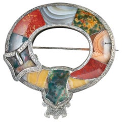 Antique Scottish Victorian Agate Buckle Brooch Silver, circa 1860