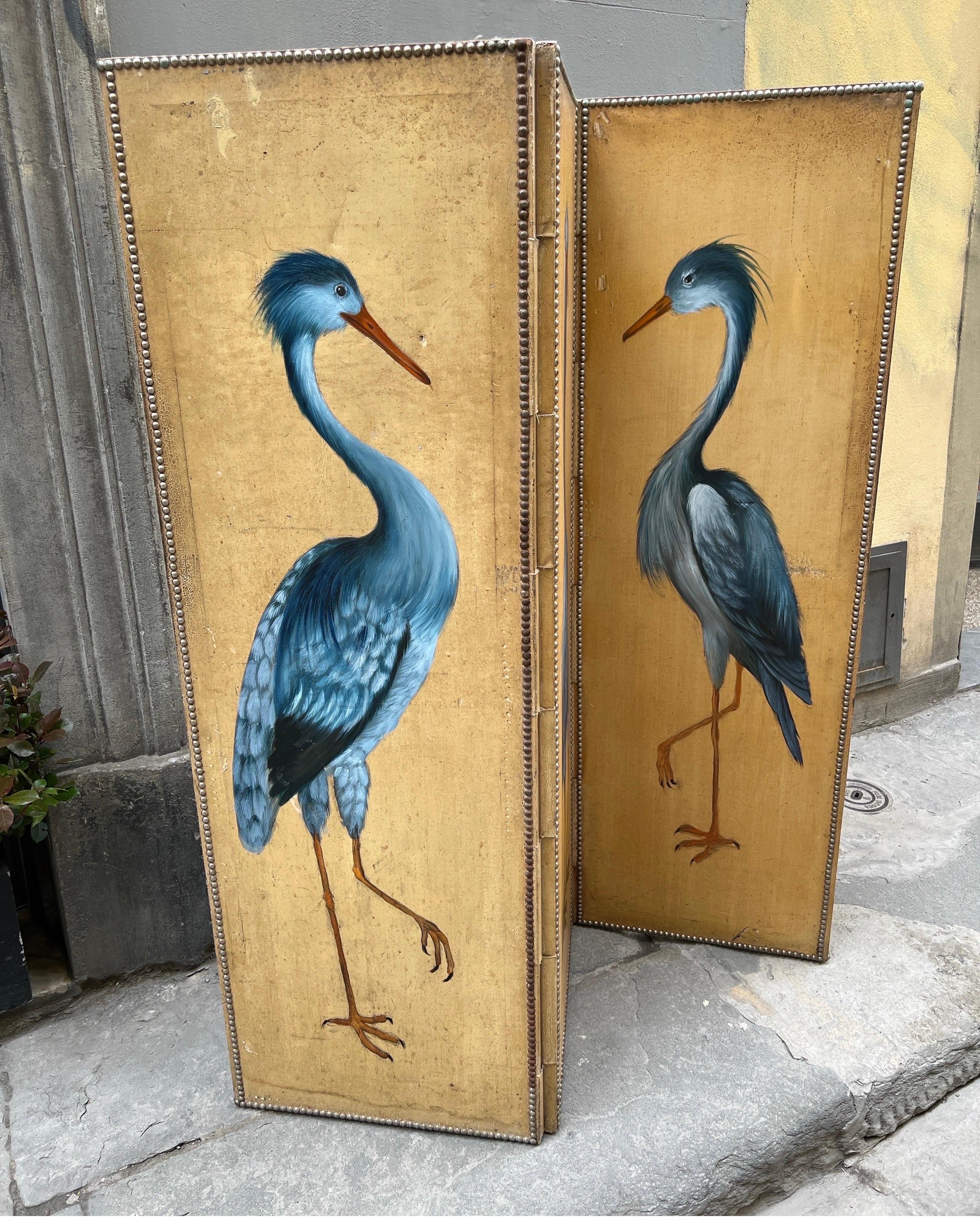 Antique Screen with Blue Heron with Three Doors, Oil on Canvas Late 19th Century 4